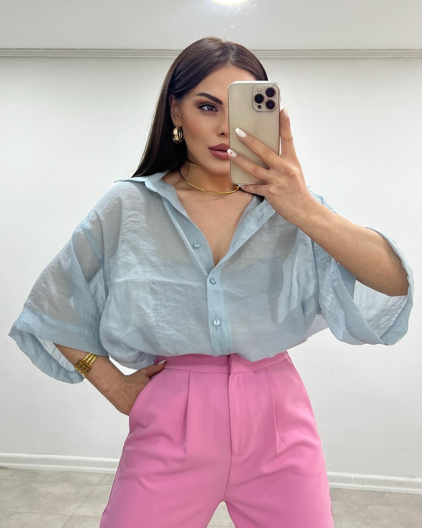 KETEN DİRSEK KOL GÖMLEK AÇIK MAVİ 