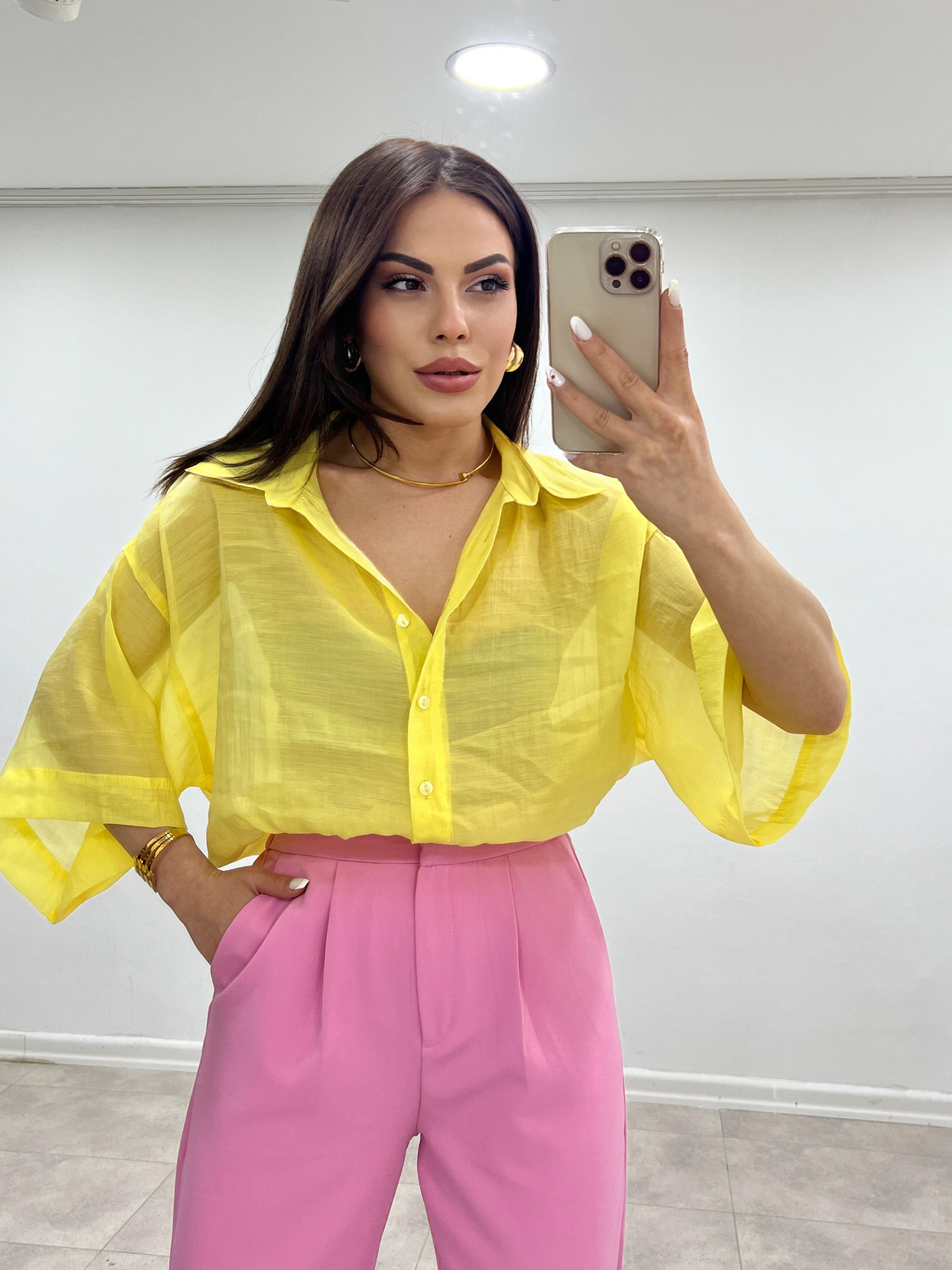 KETEN DİRSEK KOL GÖMLEK SARI