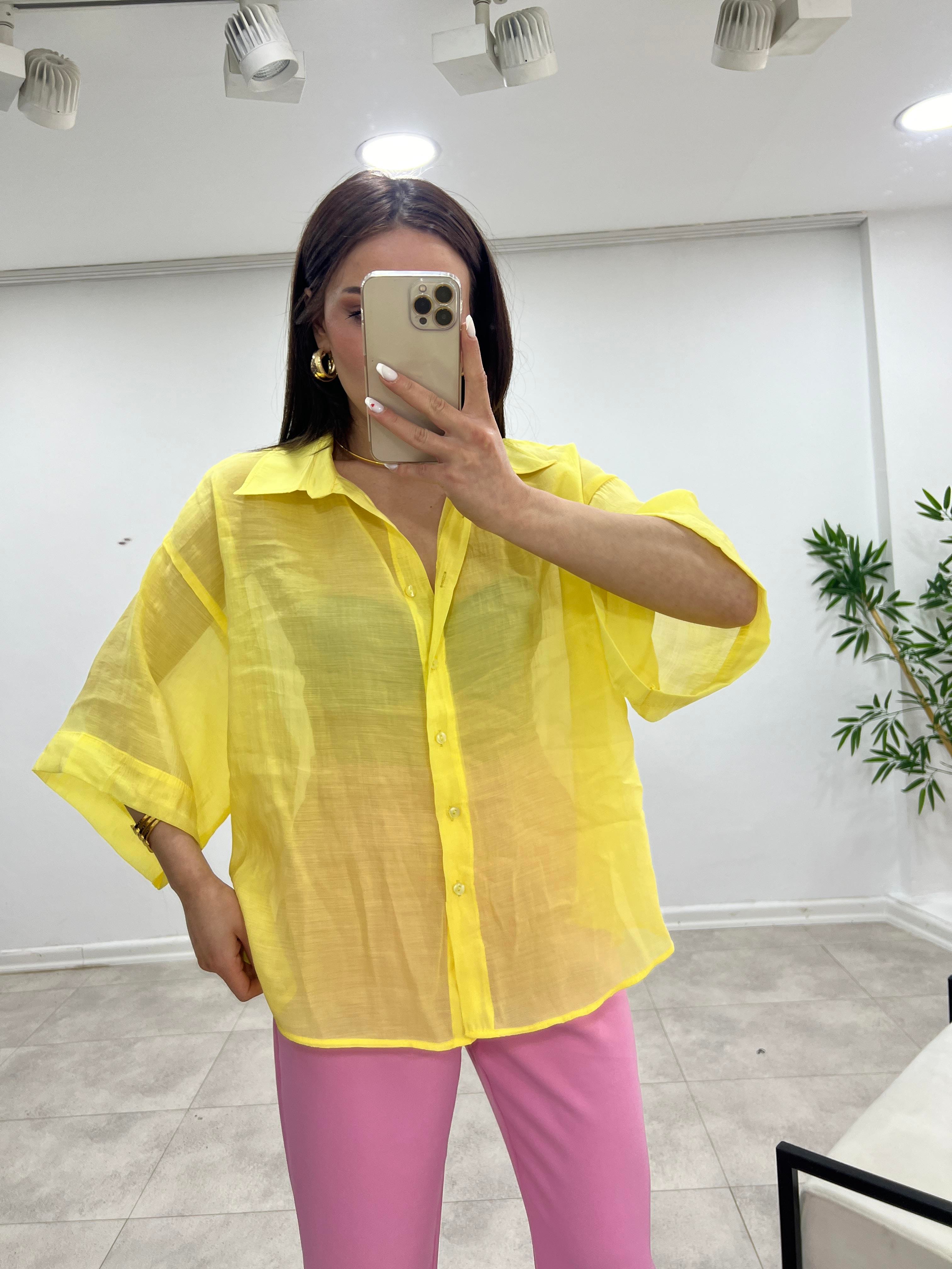 KETEN DİRSEK KOL GÖMLEK SARI