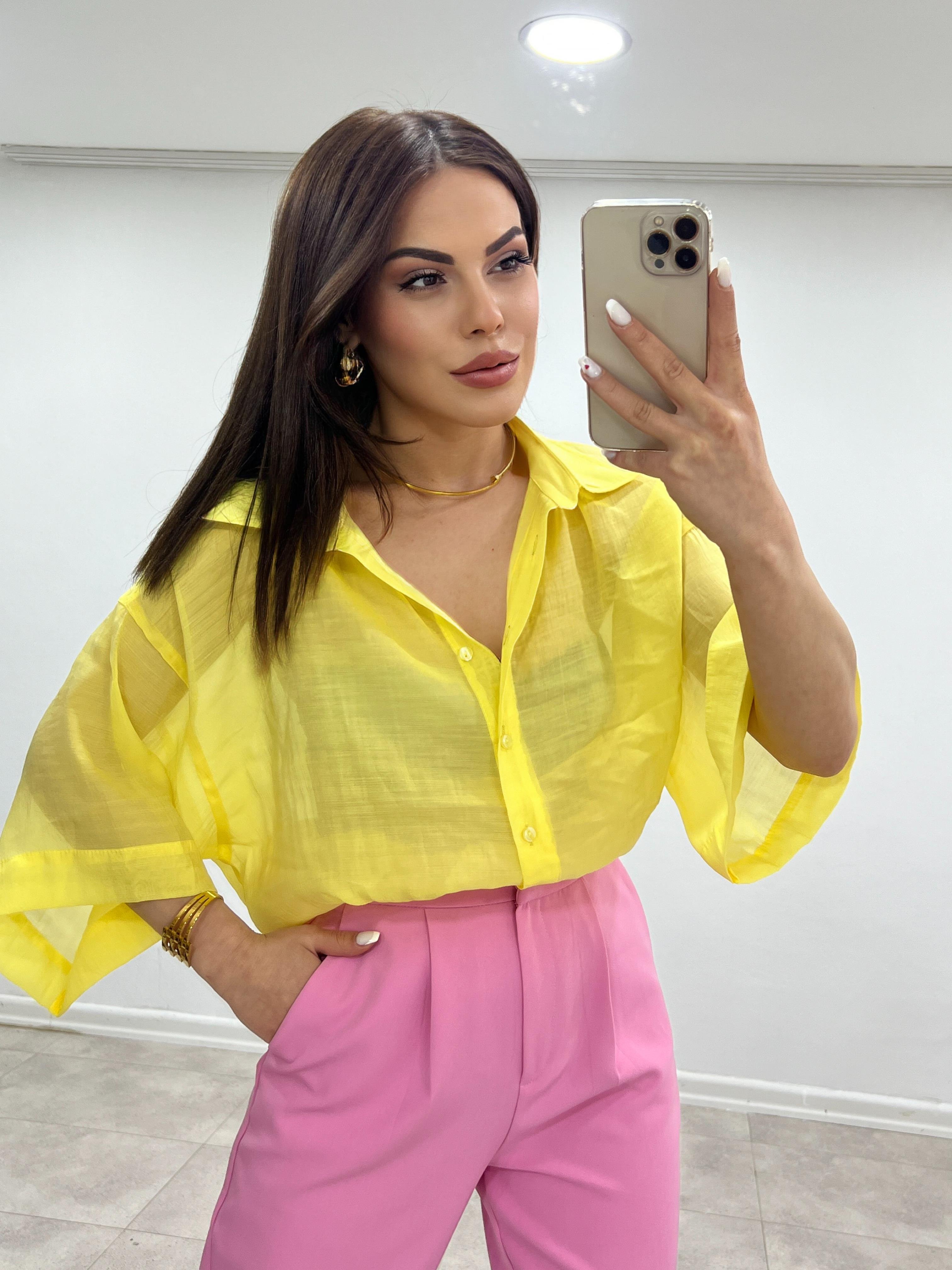 KETEN DİRSEK KOL GÖMLEK SARI