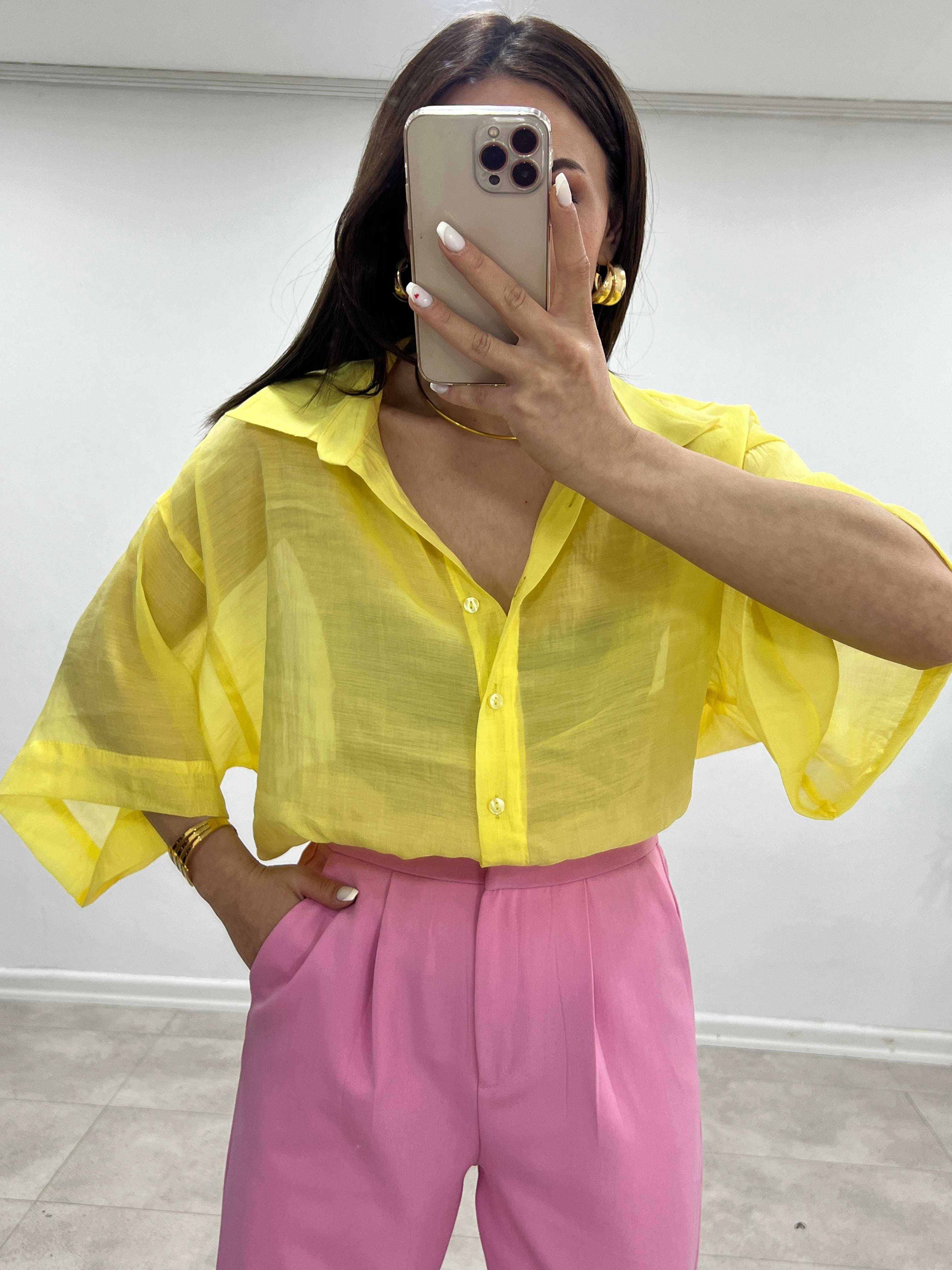 KETEN DİRSEK KOL GÖMLEK SARI