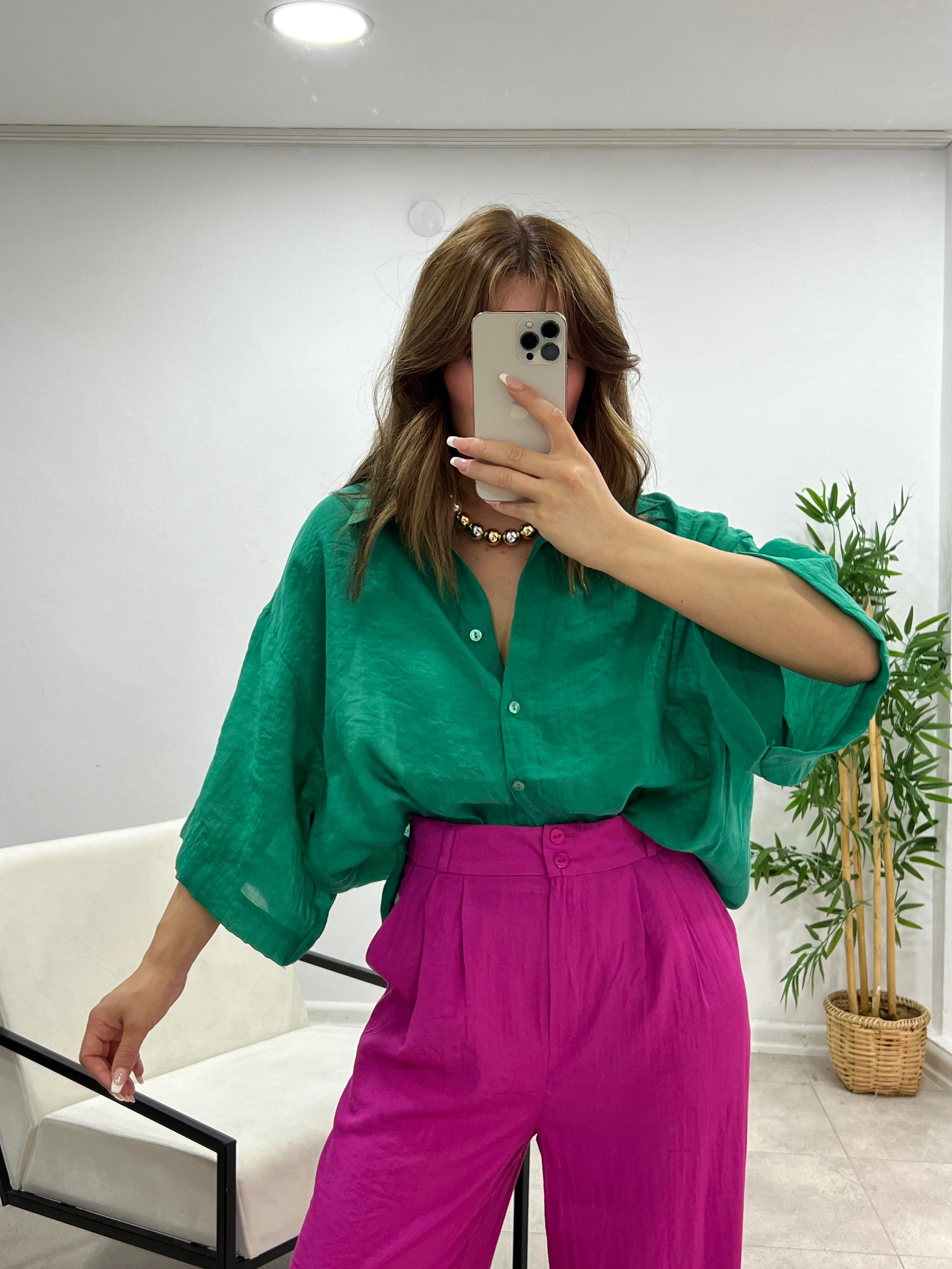 KETEN DİRSEK KOL GÖMLEK YEŞİL