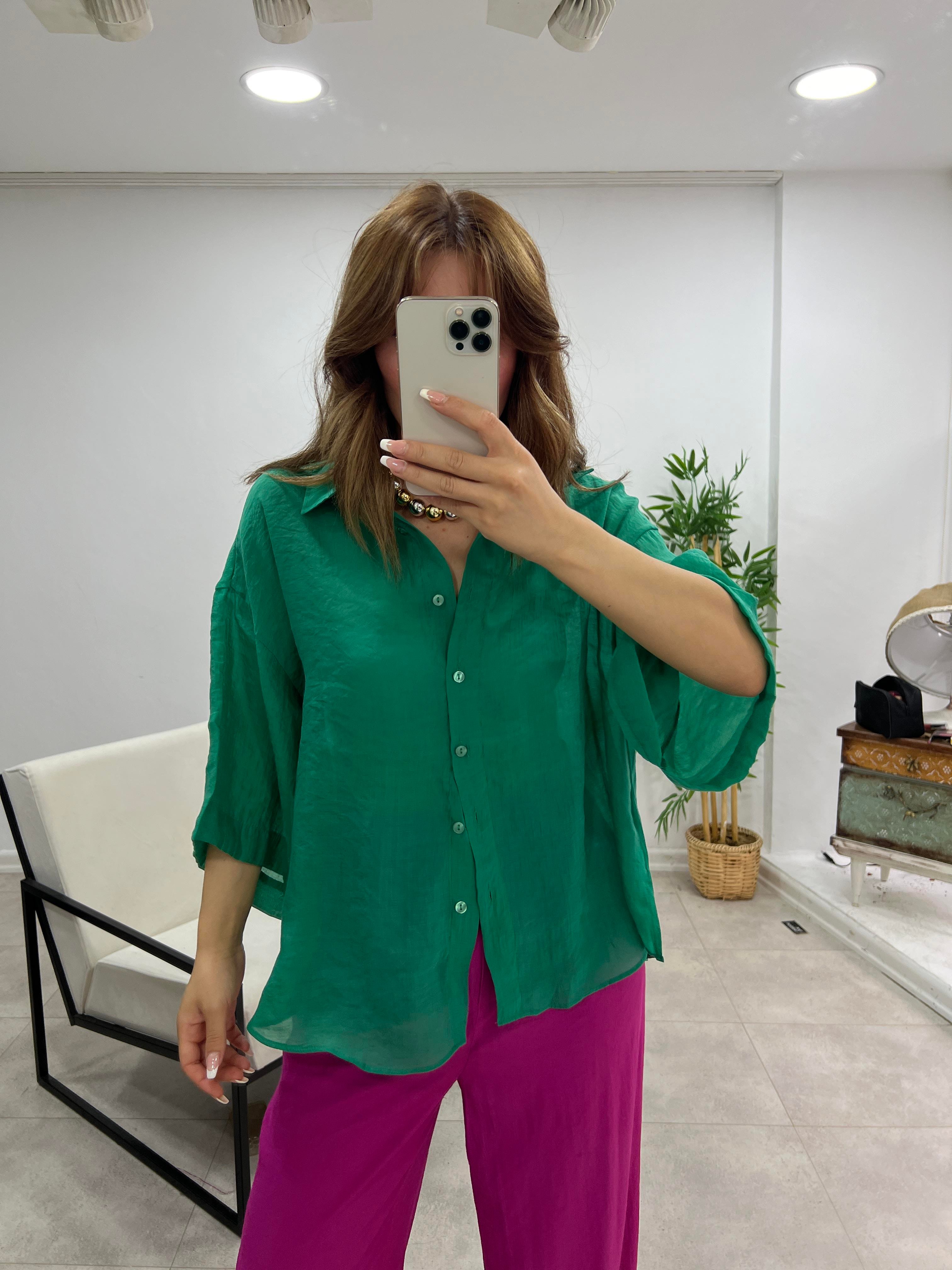 KETEN DİRSEK KOL GÖMLEK YEŞİL