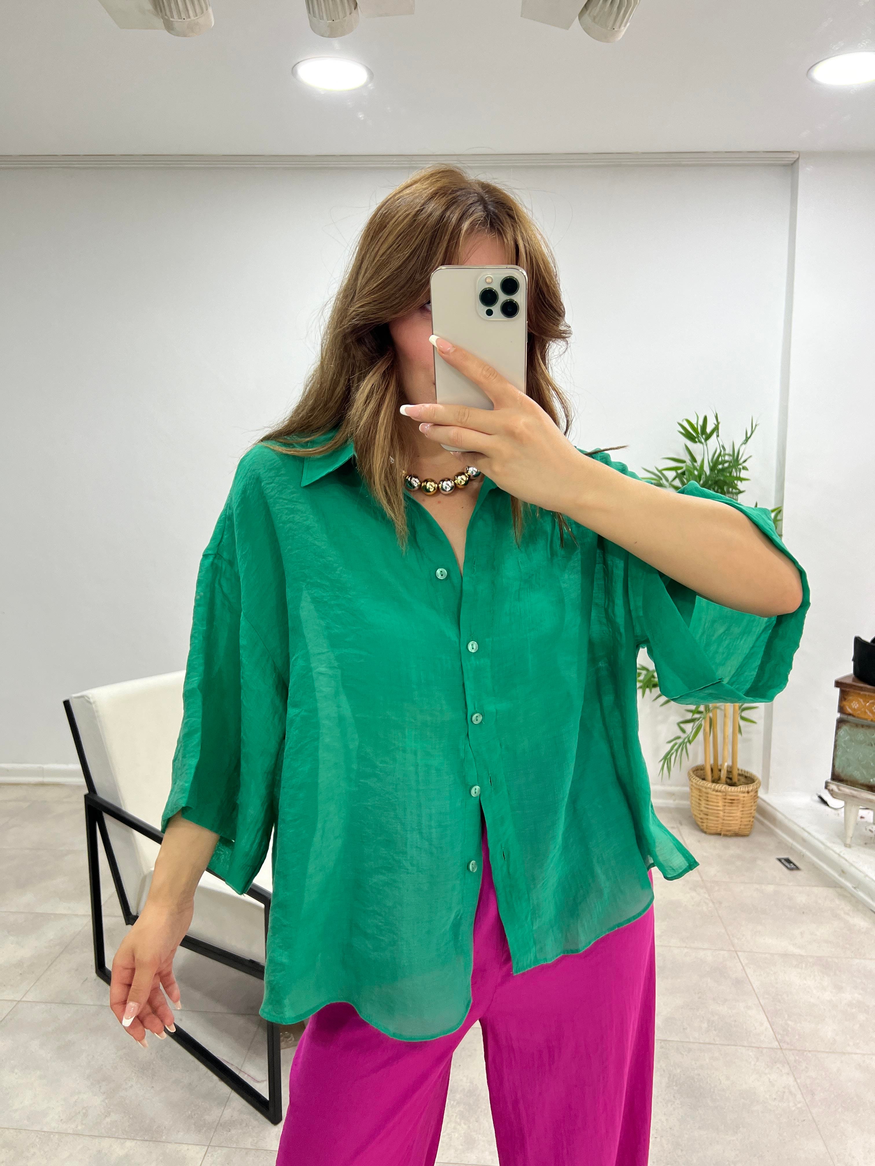 KETEN DİRSEK KOL GÖMLEK YEŞİL