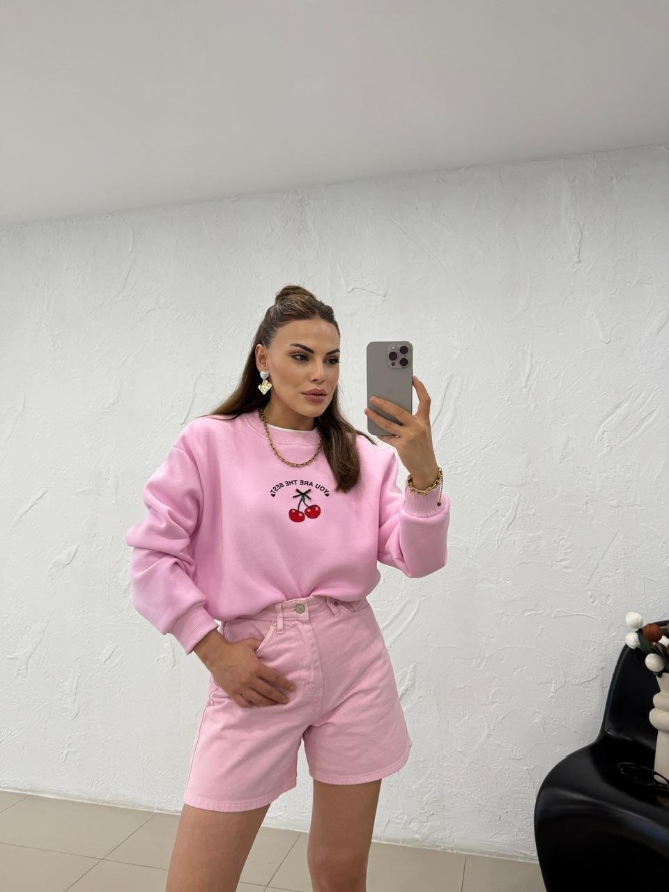 KİRAZLI SWEATSHIRT PEMBE