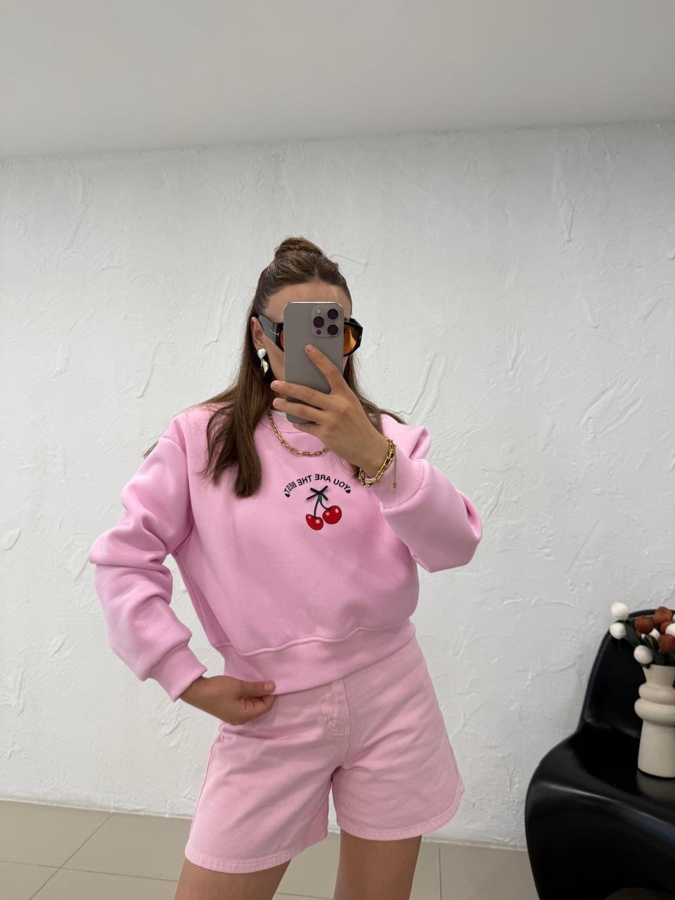 KİRAZLI SWEATSHIRT PEMBE