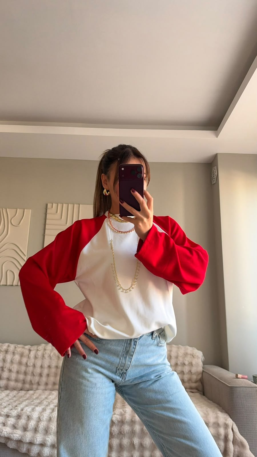 Kırmızı Beyaz Raglan Kol Oversize Sweatshırt