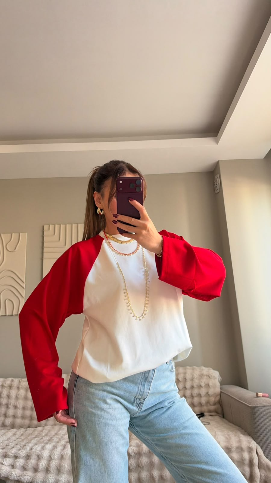 Kırmızı Beyaz Raglan Kol Oversize Sweatshırt