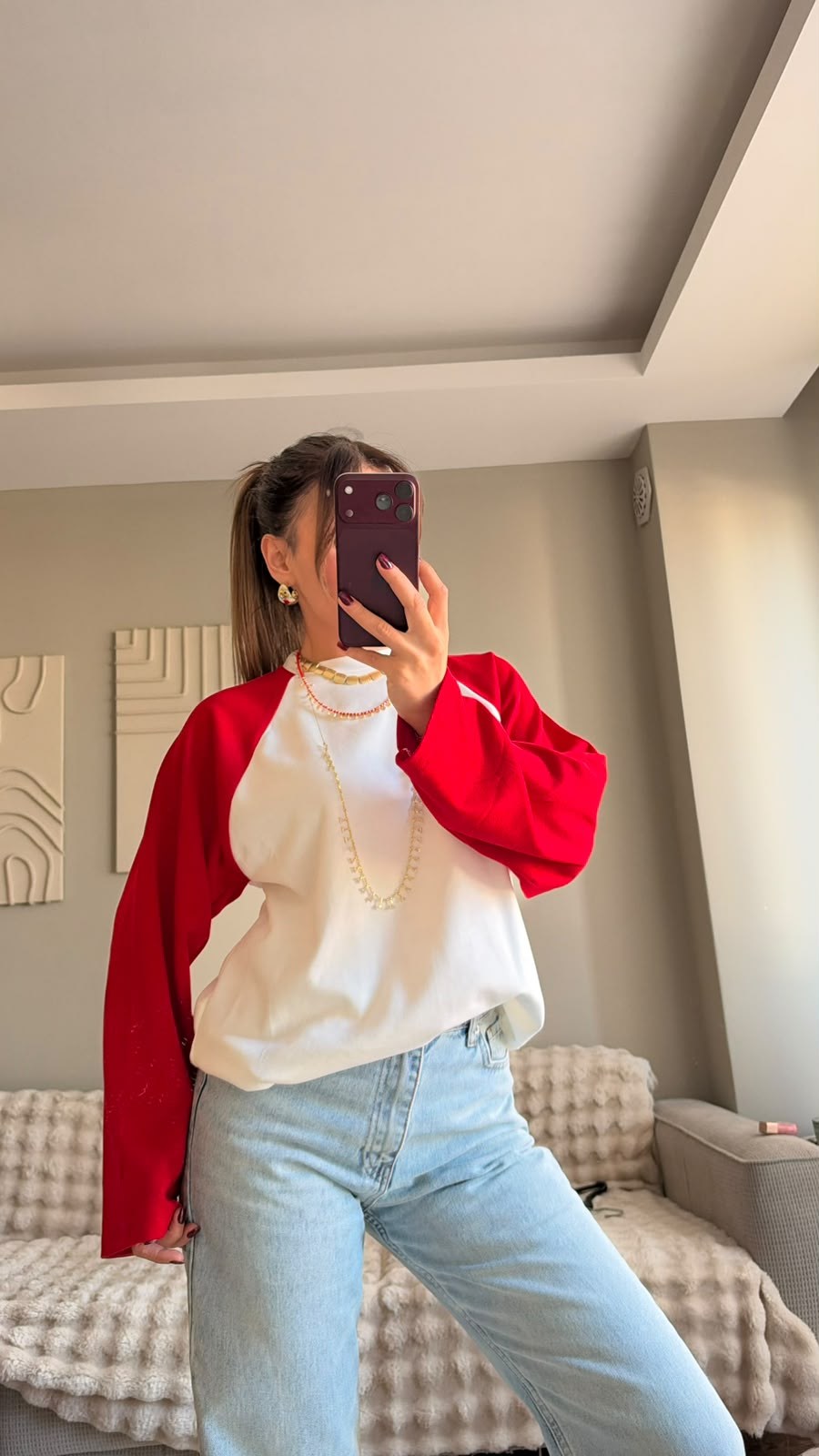 Kırmızı Beyaz Raglan Kol Oversize Sweatshırt