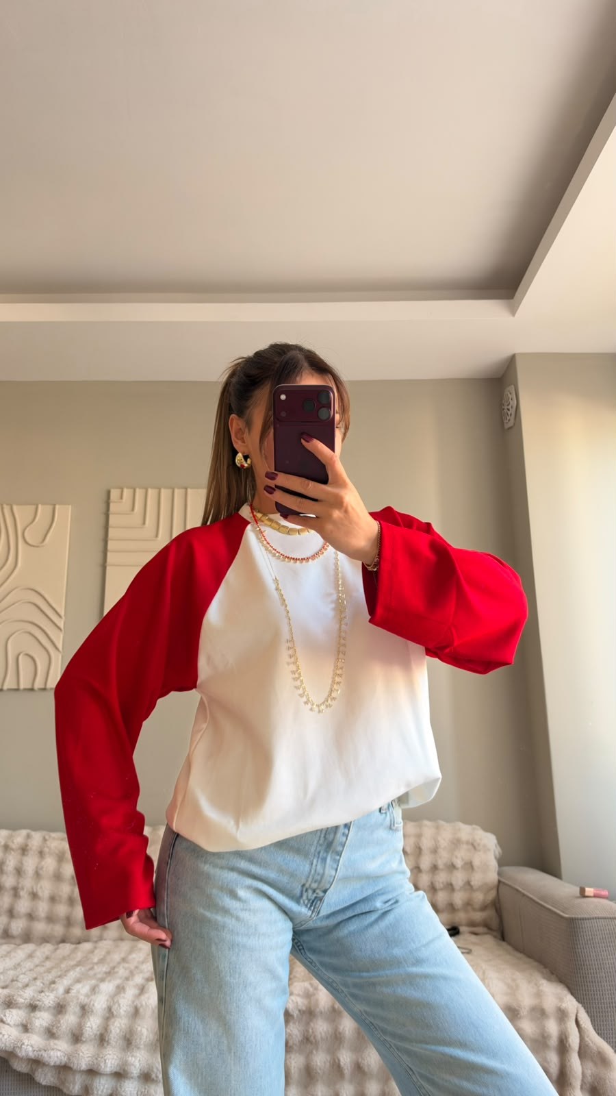 Kırmızı Beyaz Raglan Kol Oversize Sweatshırt