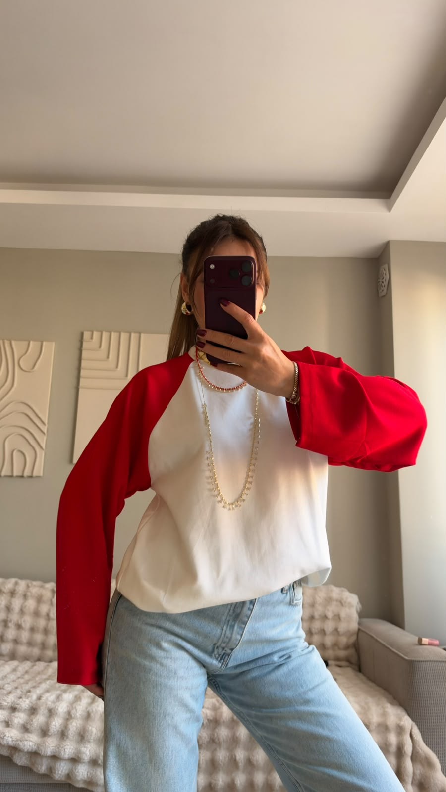 Kırmızı Beyaz Raglan Kol Oversize Sweatshırt
