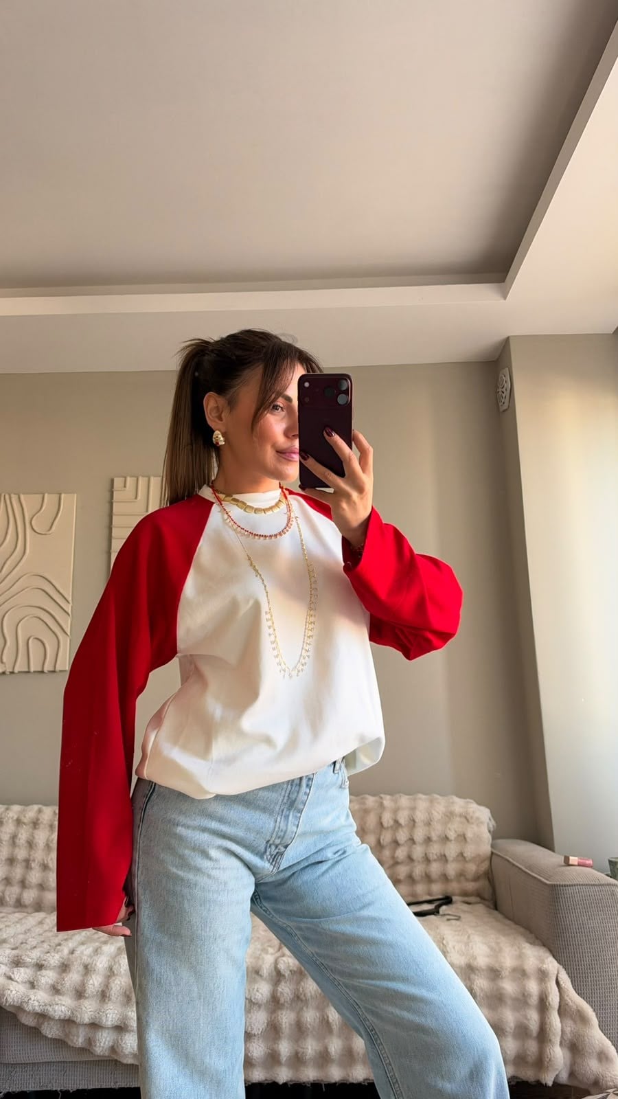 Kırmızı Beyaz Raglan Kol Oversize Sweatshırt