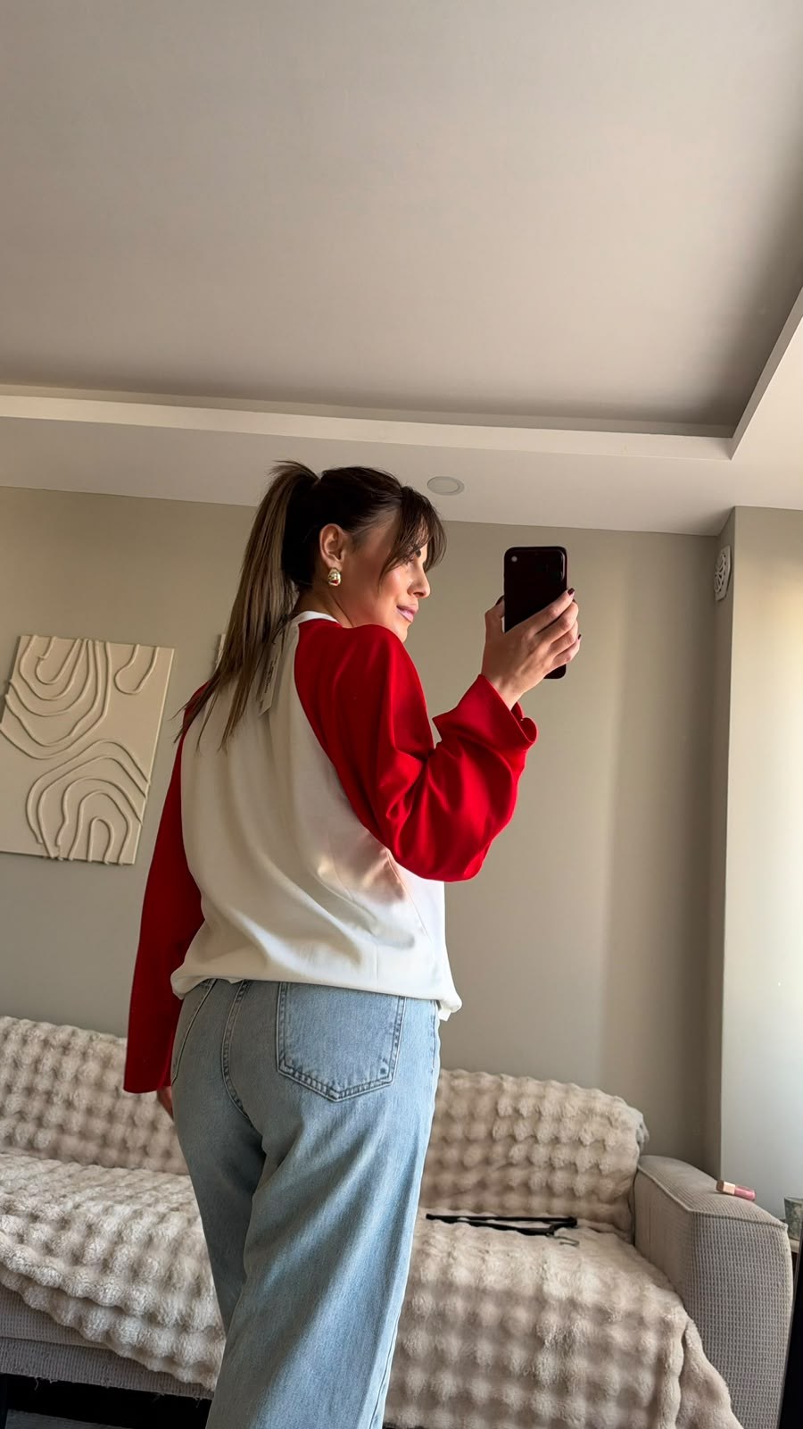 Kırmızı Beyaz Raglan Kol Oversize Sweatshırt