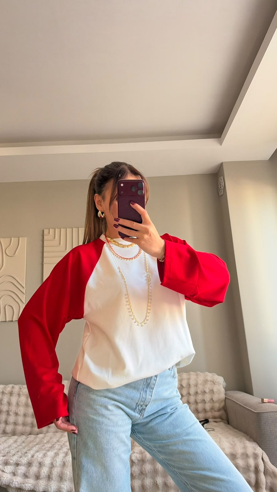 Kırmızı Beyaz Raglan Kol Oversize Sweatshırt