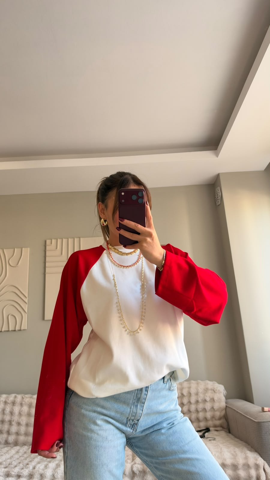 Kırmızı Beyaz Raglan Kol Oversize Sweatshırt
