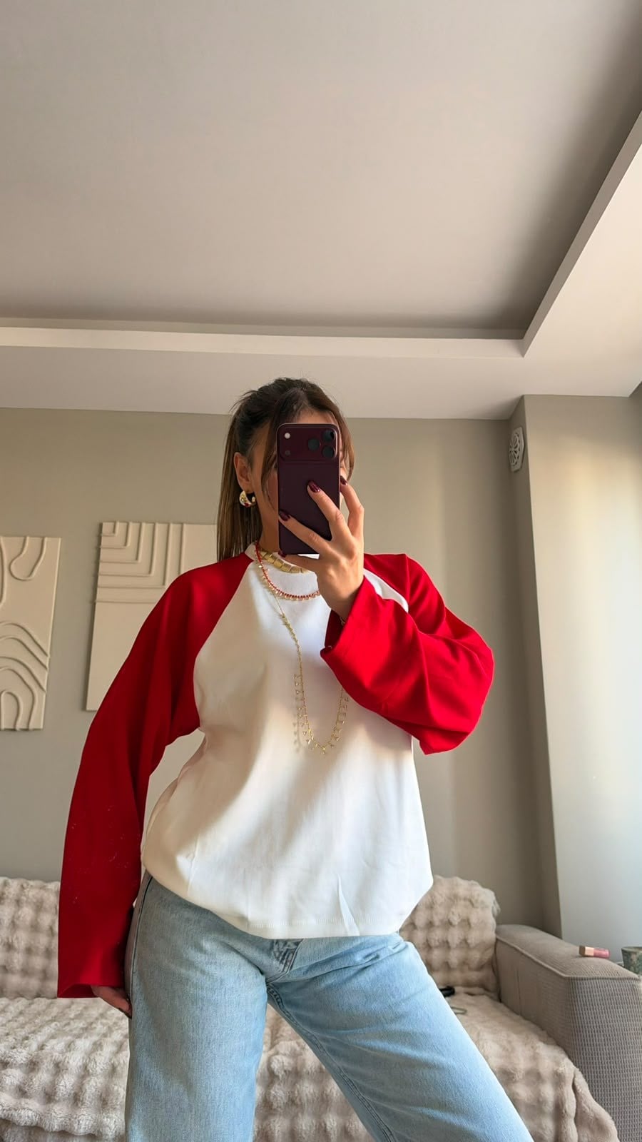 Kırmızı Beyaz Raglan Kol Oversize Sweatshırt