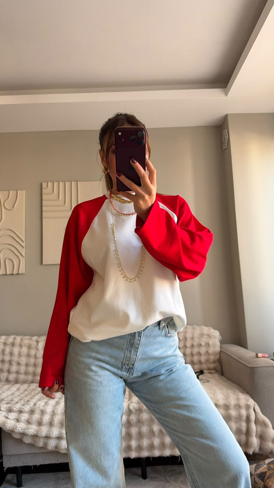 Kırmızı Beyaz Raglan Kol Oversize Sweatshırt