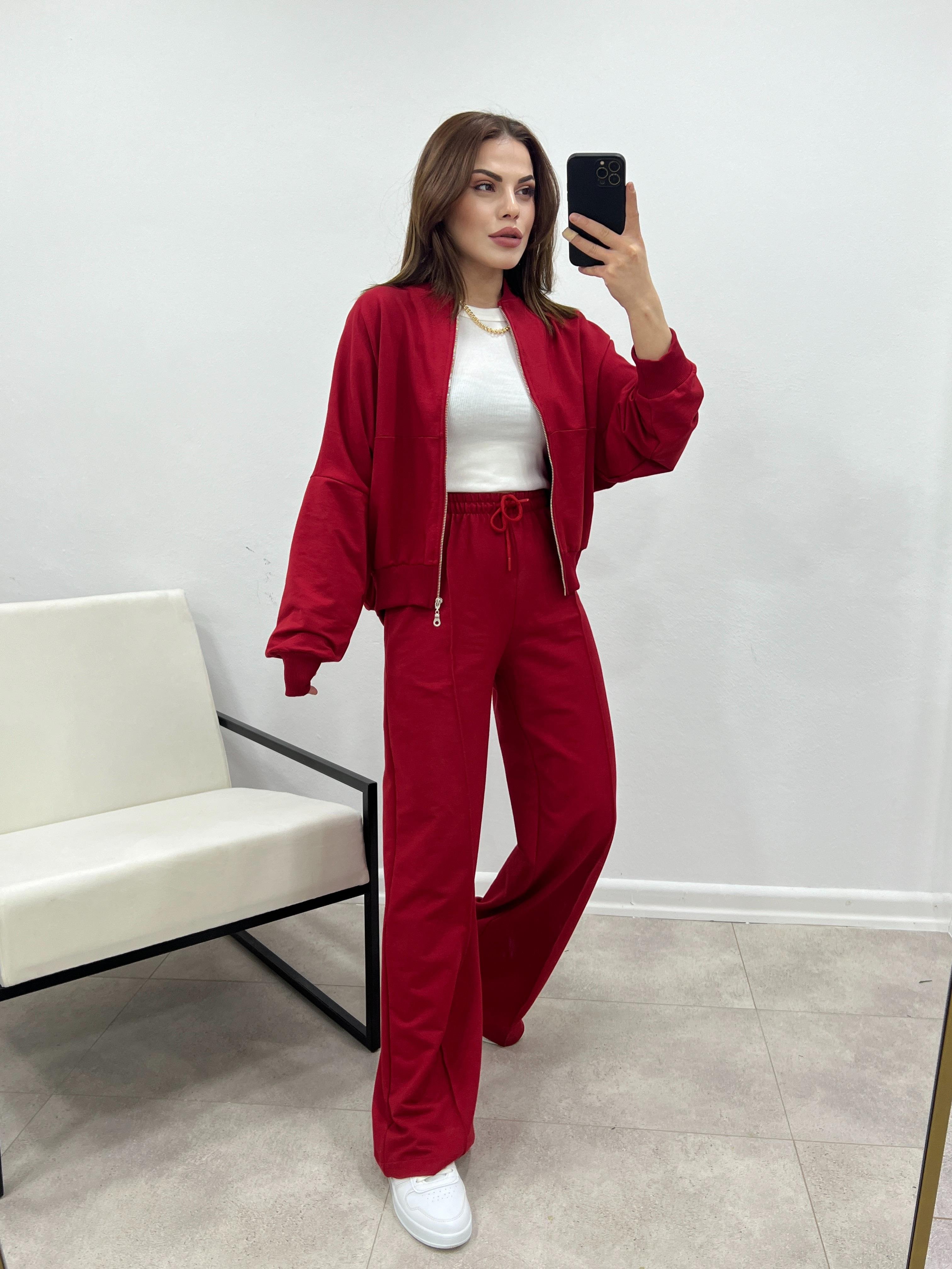KIRMIZI  FAYE FERMUARLI SWEATSHİRT EŞOFMAN TAKIMI