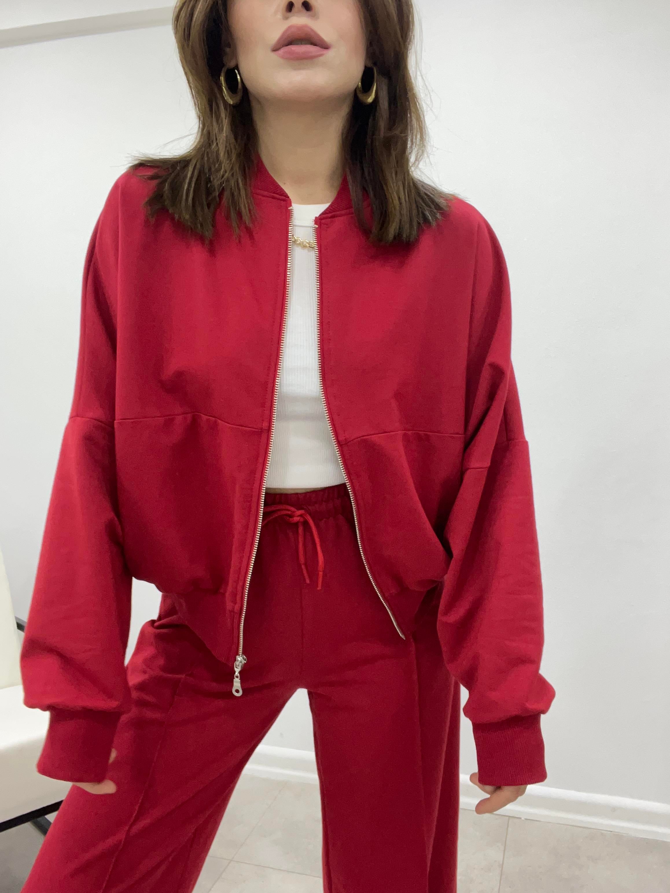 KIRMIZI  FAYE FERMUARLI SWEATSHİRT EŞOFMAN TAKIMI