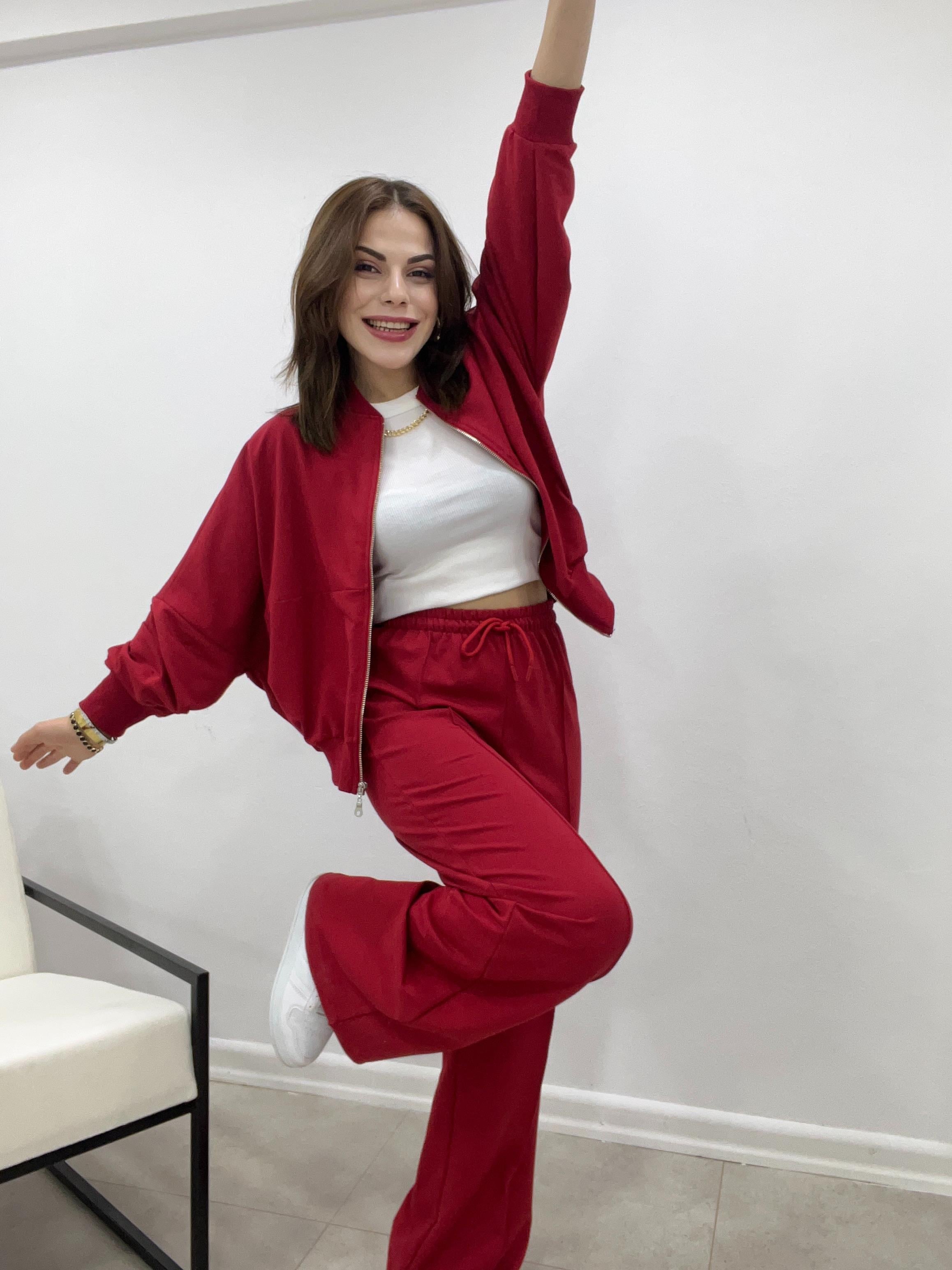 KIRMIZI  FAYE FERMUARLI SWEATSHİRT EŞOFMAN TAKIMI