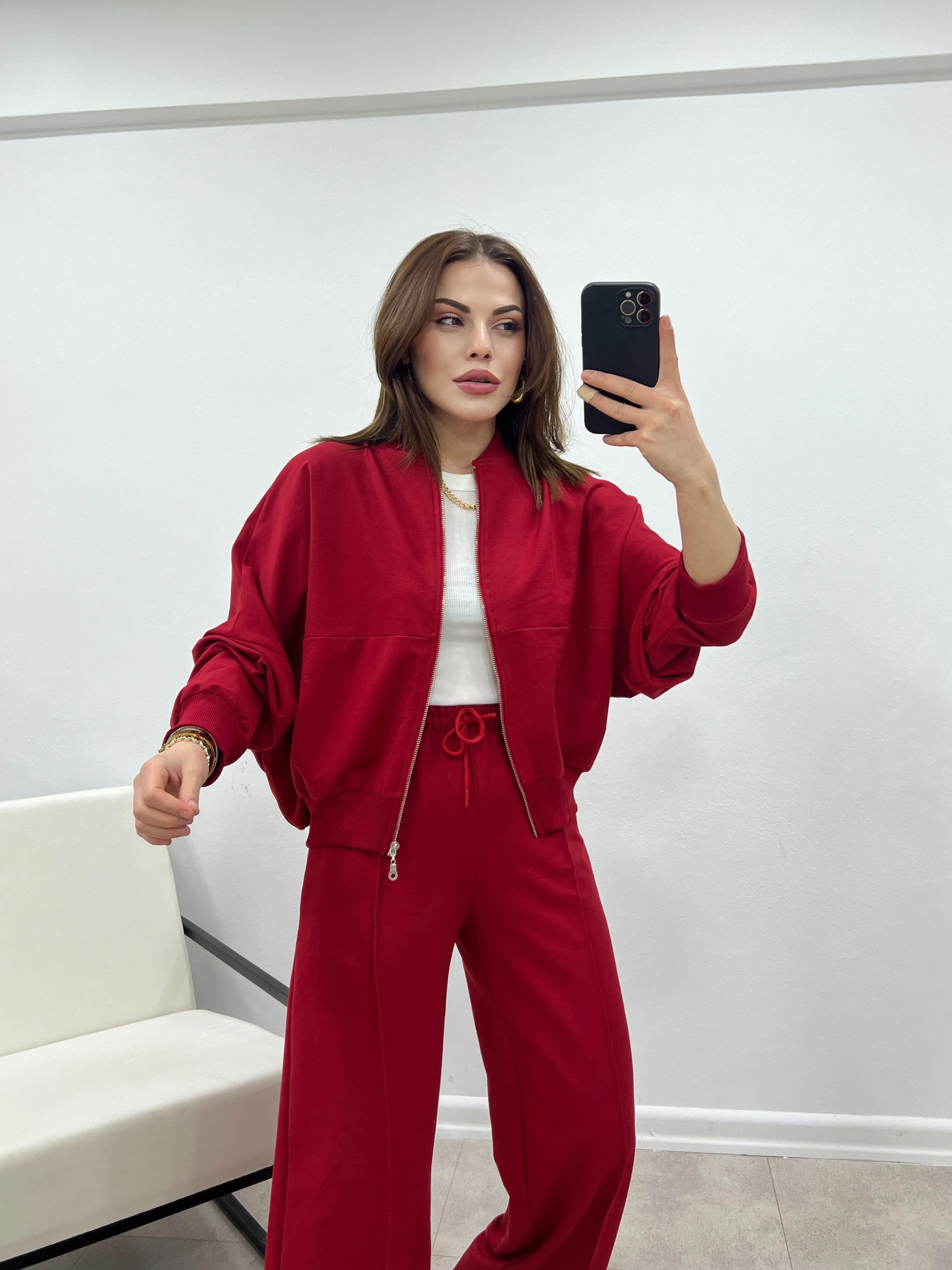 KIRMIZI  FAYE FERMUARLI SWEATSHİRT EŞOFMAN TAKIMI