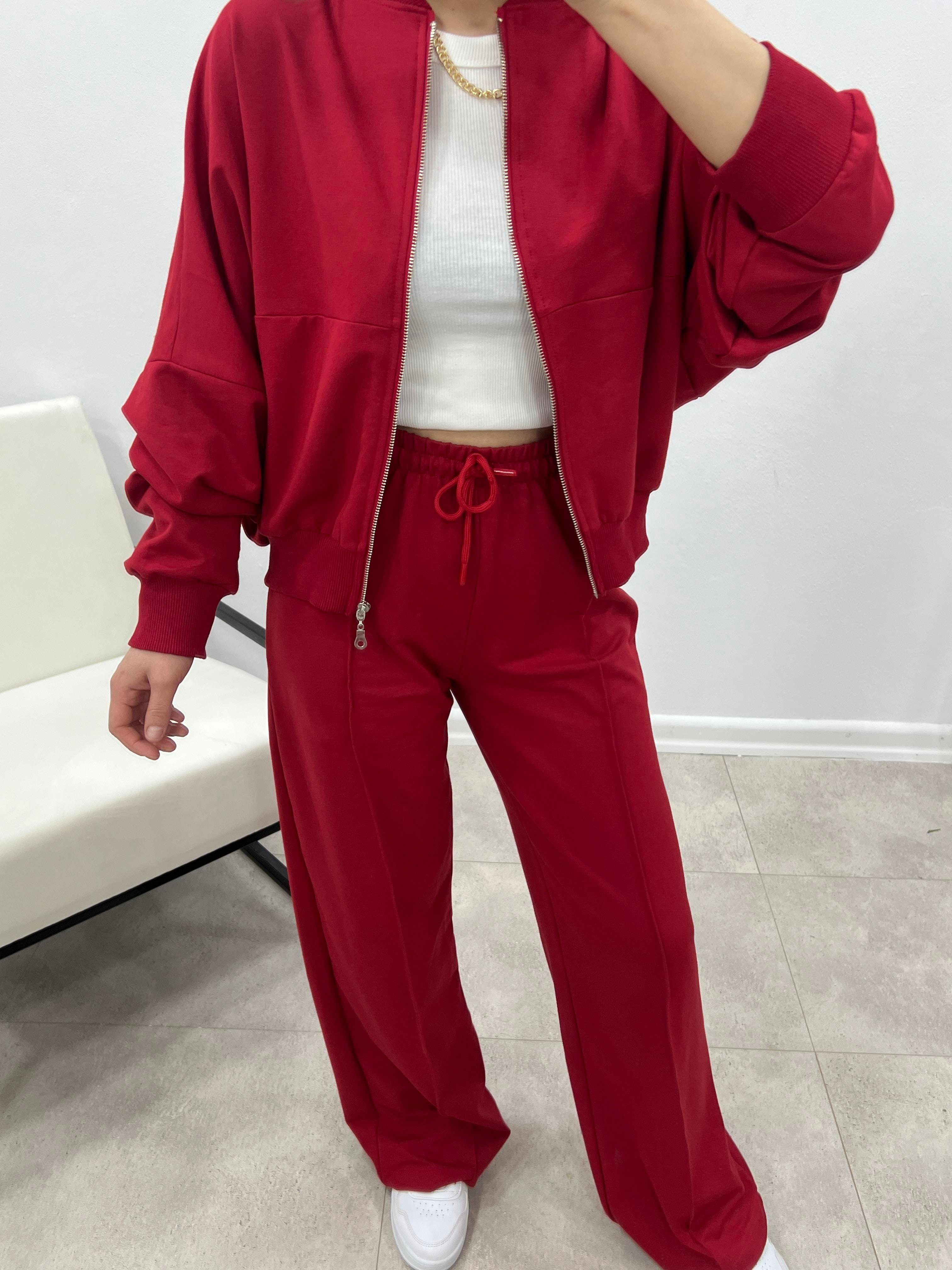 KIRMIZI  FAYE FERMUARLI SWEATSHİRT EŞOFMAN TAKIMI