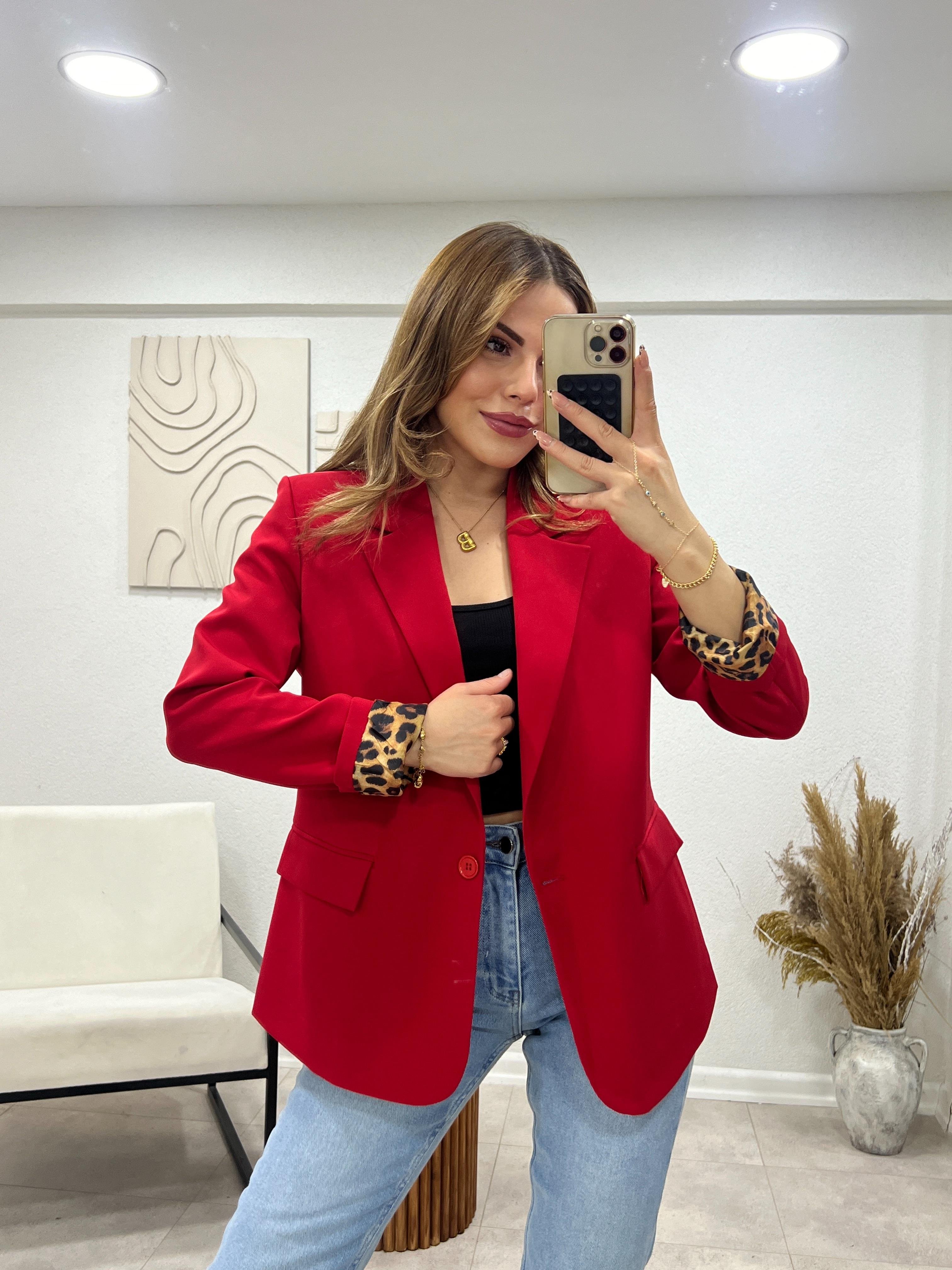 KIRMIZI KOLLARI LEOPARLI BLAZER CEKET 