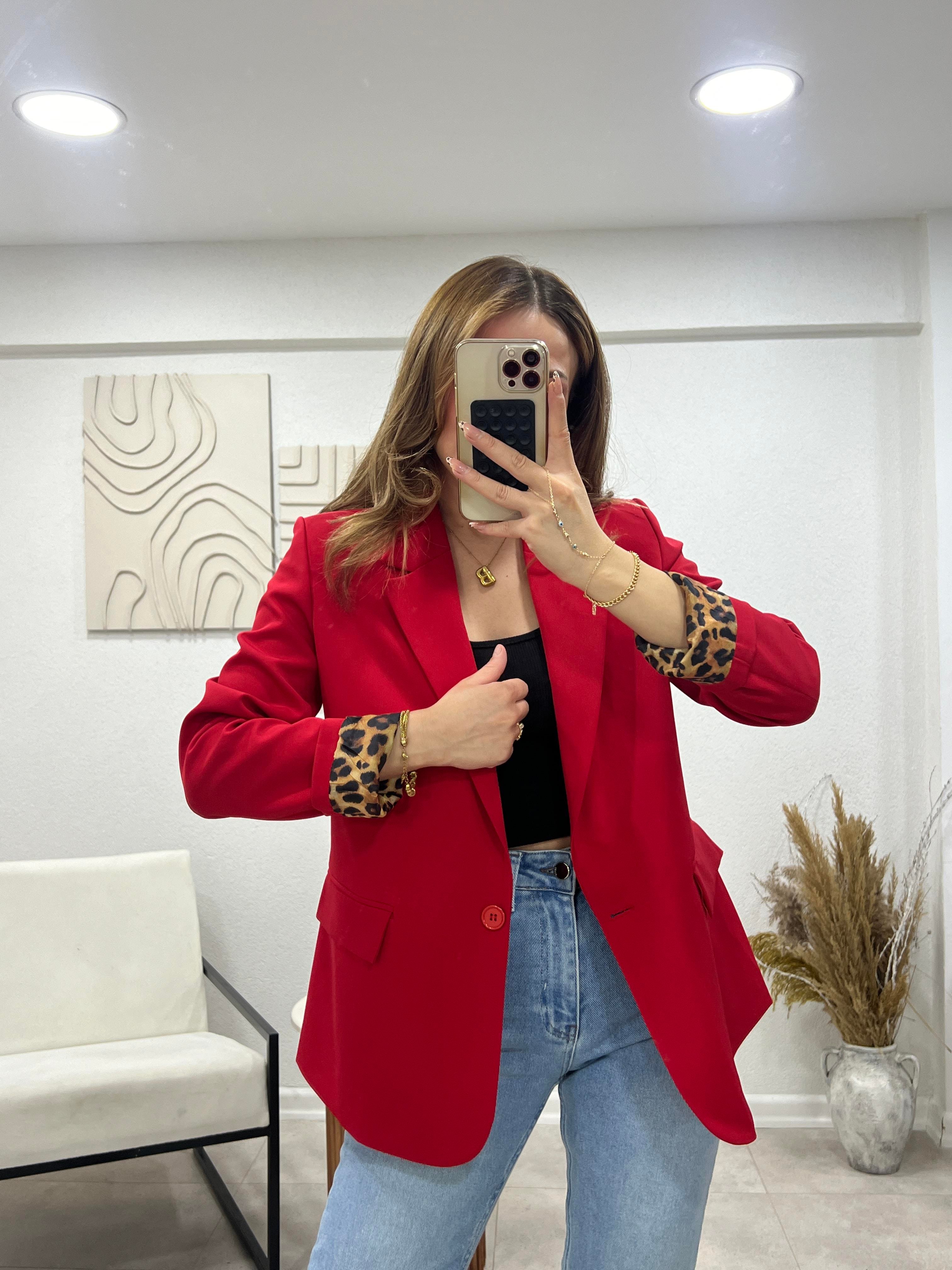 KIRMIZI KOLLARI LEOPARLI BLAZER CEKET 