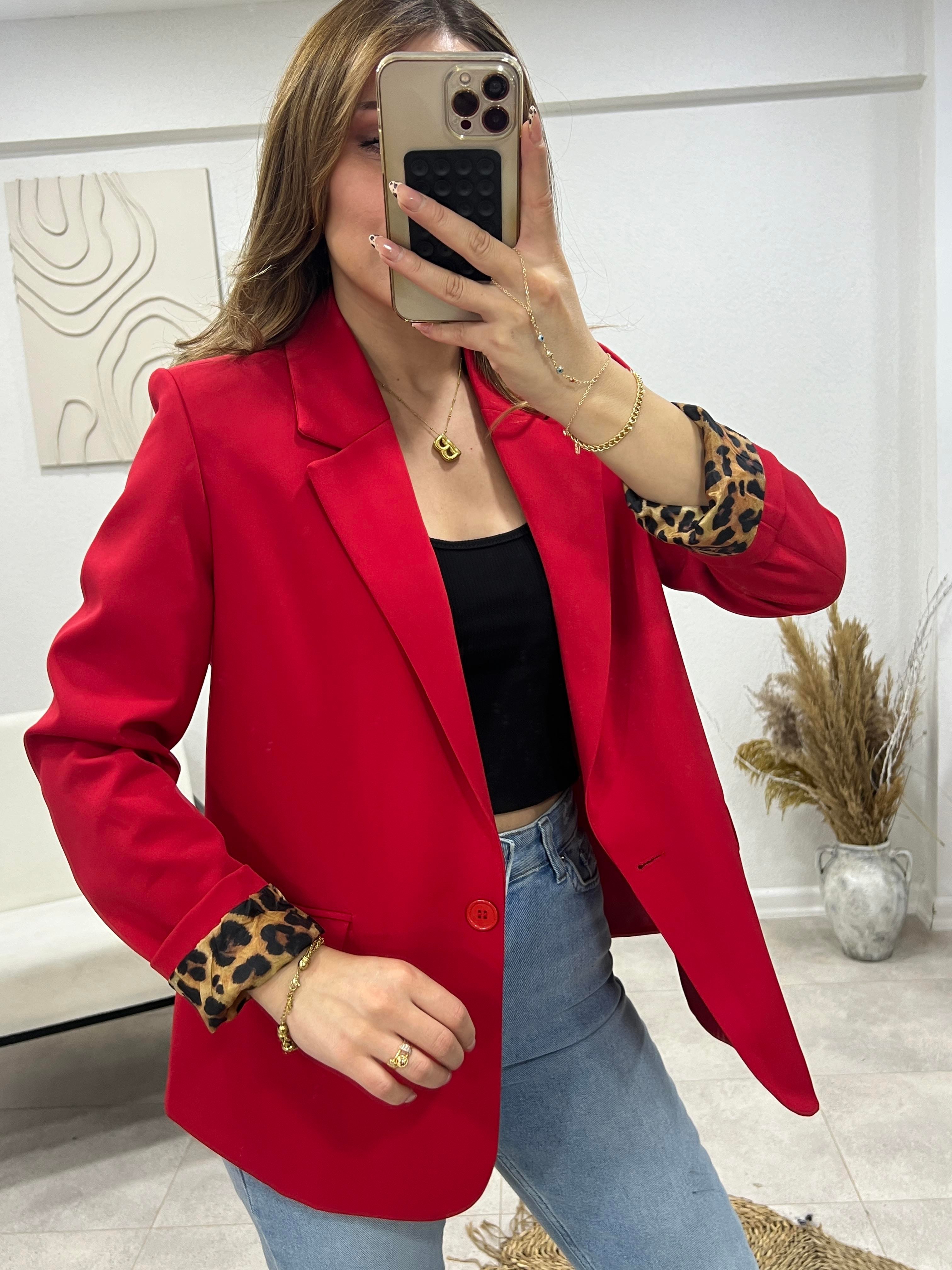 KIRMIZI KOLLARI LEOPARLI BLAZER CEKET 