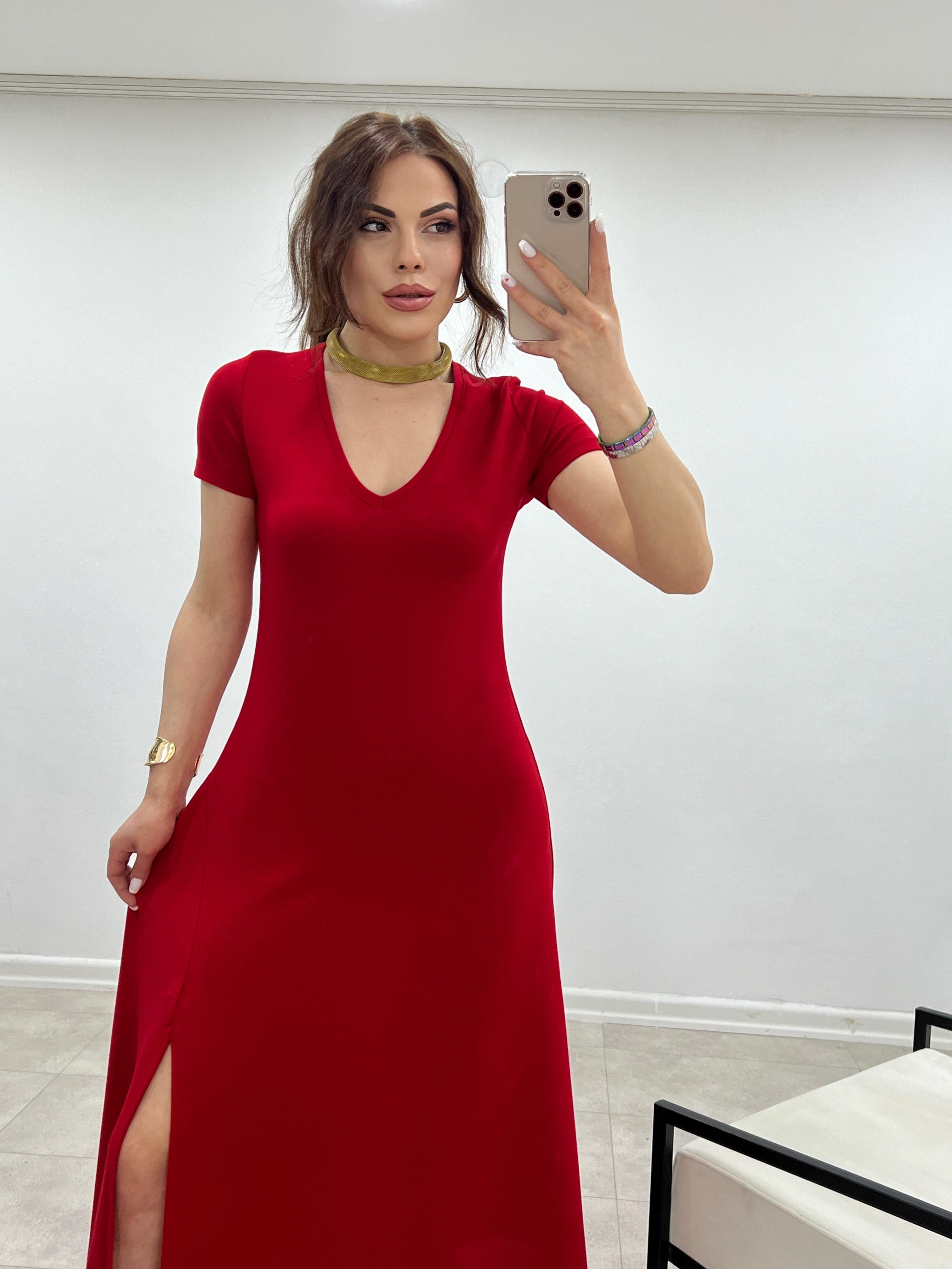 KIRMIZI V YAKA MODAL KUMAŞ ELBİSE