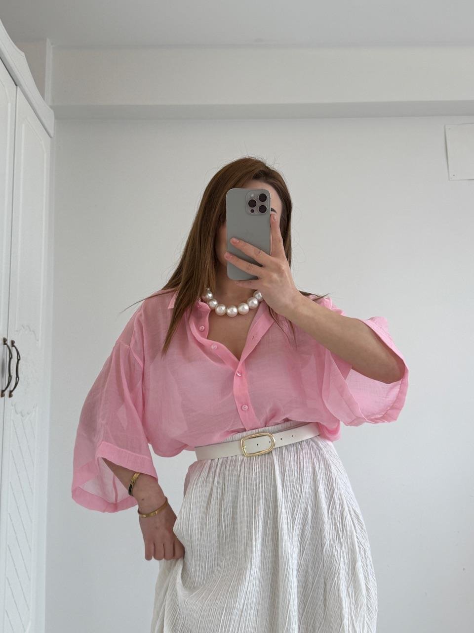 KISA KOL TÜL GÖMLEK PEMBE