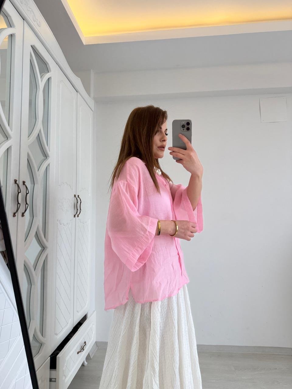 KISA KOL TÜL GÖMLEK PEMBE