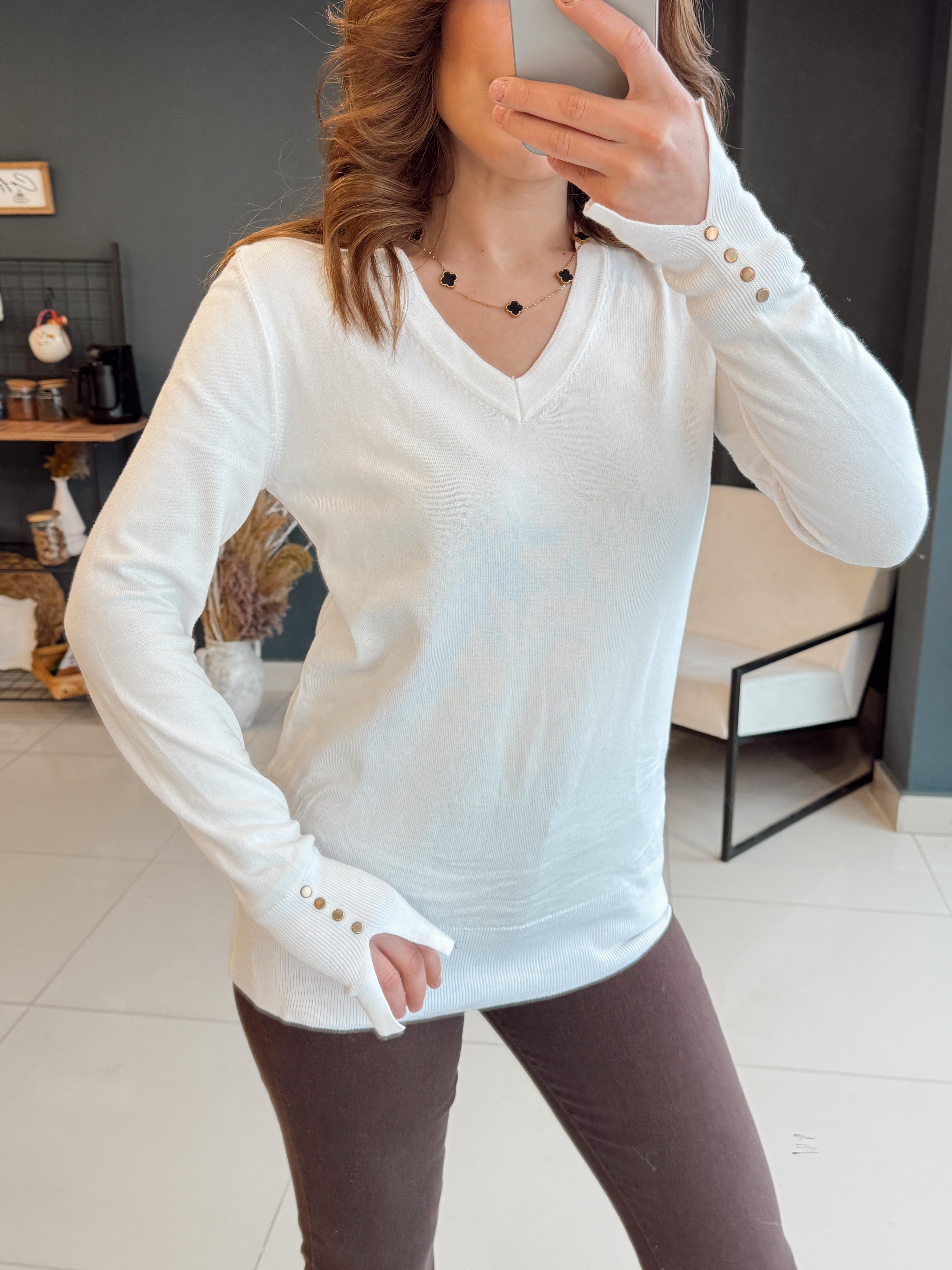 KOL UCU YIRTMAÇLI V YAKA BASİC TRİKO BEYAZ