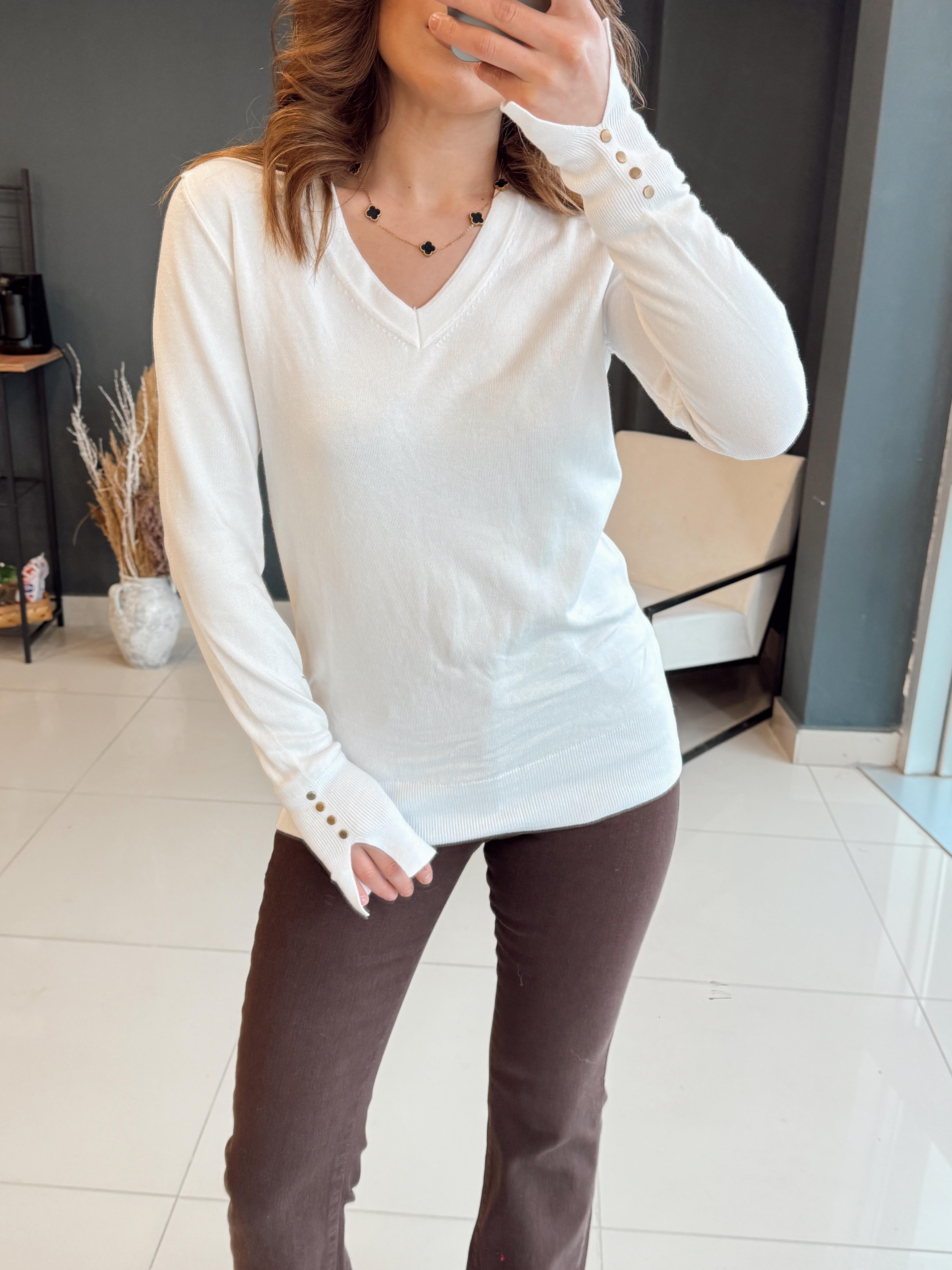 KOL UCU YIRTMAÇLI V YAKA BASİC TRİKO BEYAZ