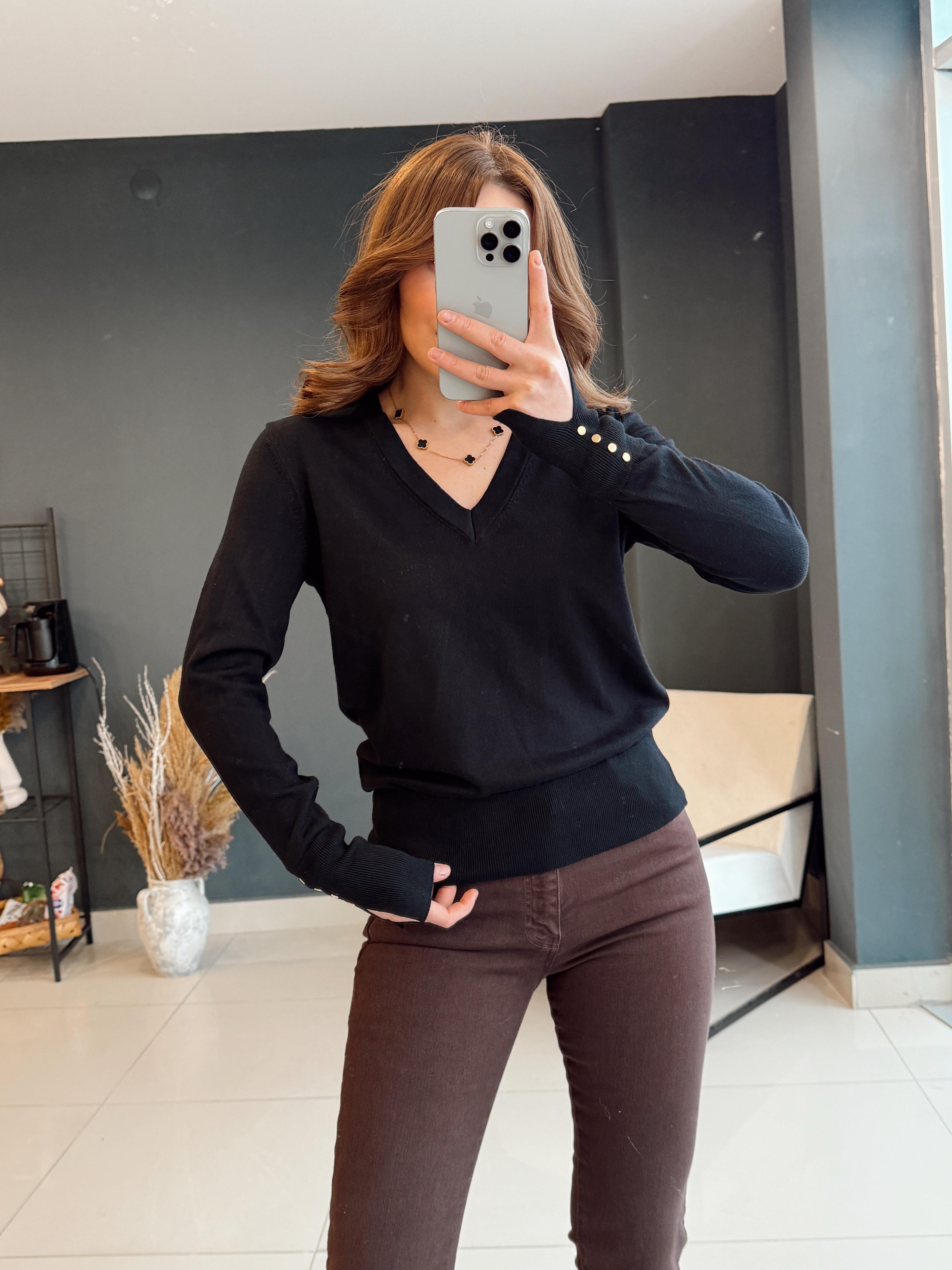 KOL UCU YIRTMAÇLI V YAKA BASİC TRİKO SİYAH