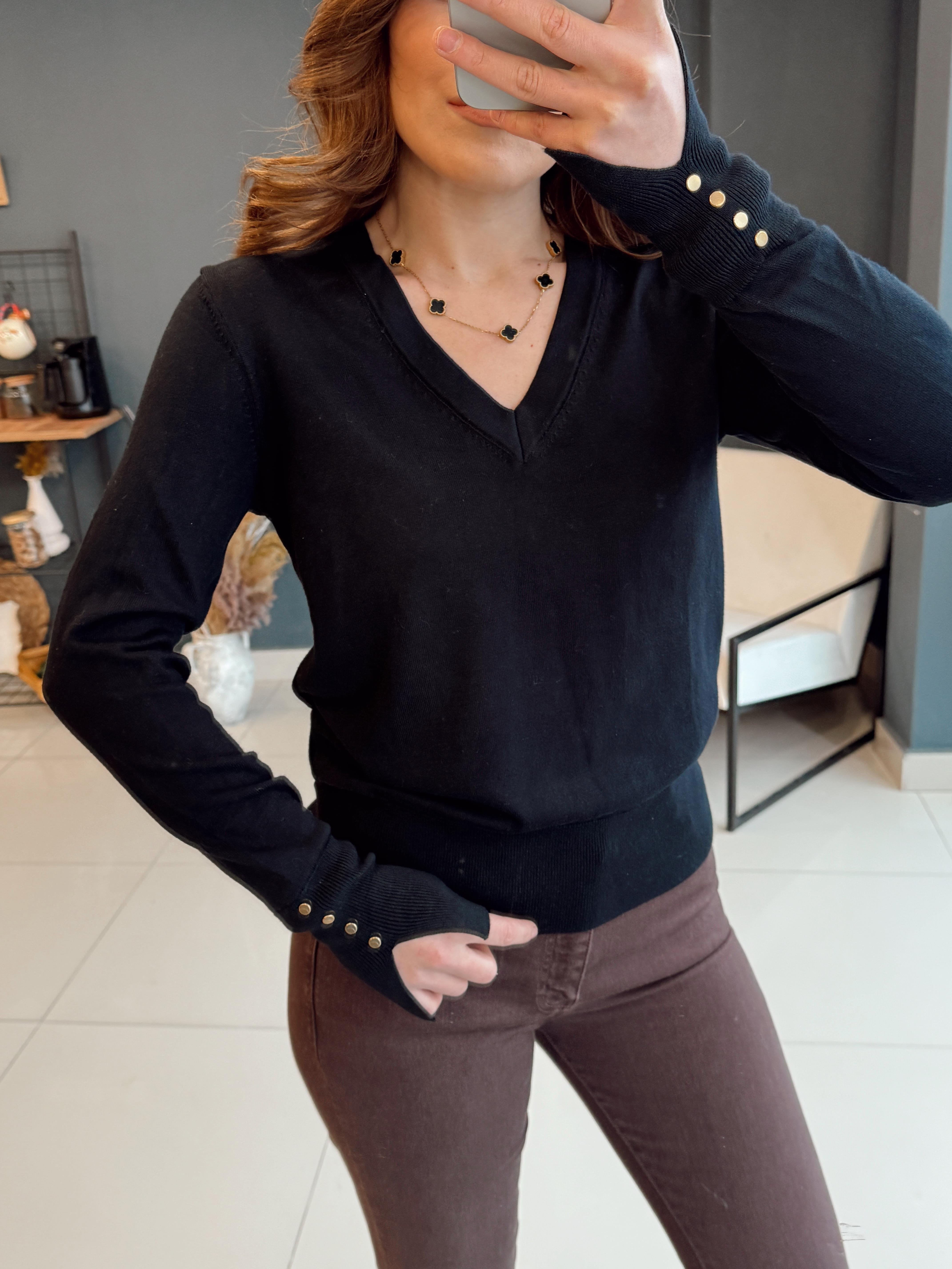 KOL UCU YIRTMAÇLI V YAKA BASİC TRİKO SİYAH