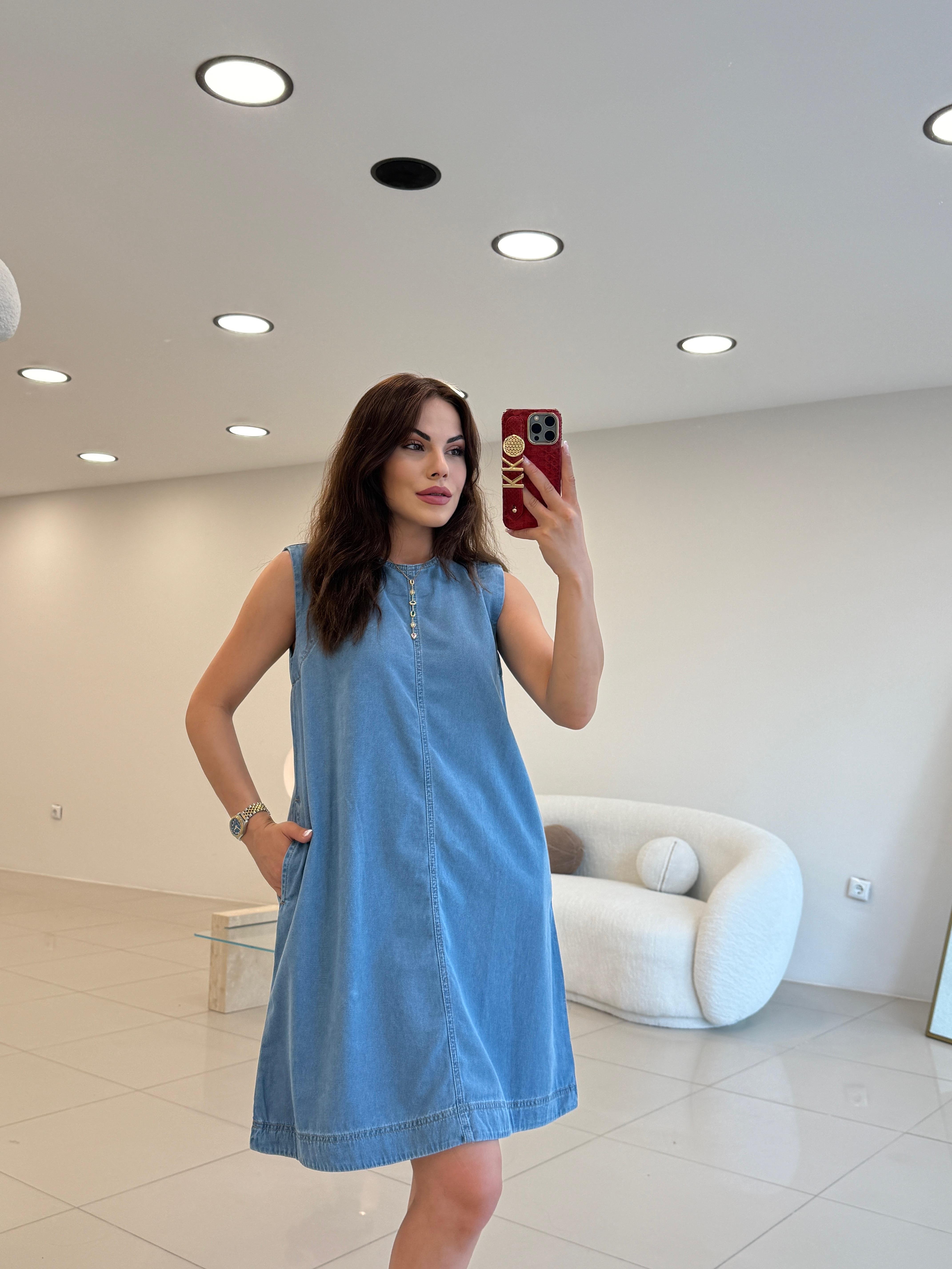 KOLSUZ BASİC DENİM ELBİSE 