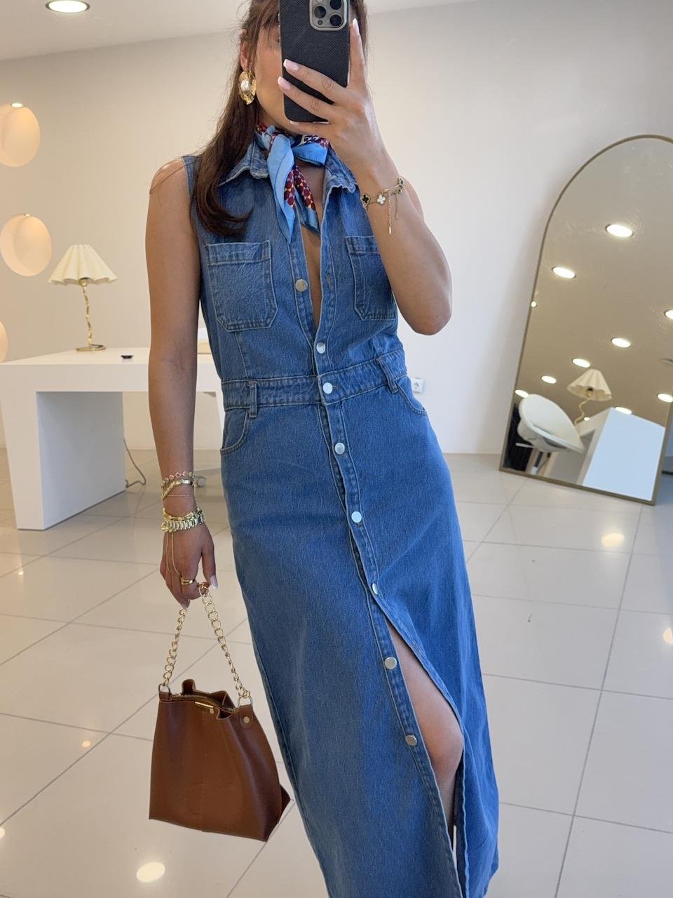 KOLSUZ DENİM ELBİSE