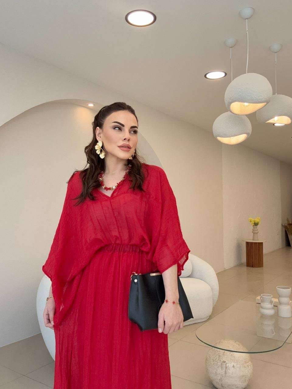 kolye detaylı bohem takım kırmızı
