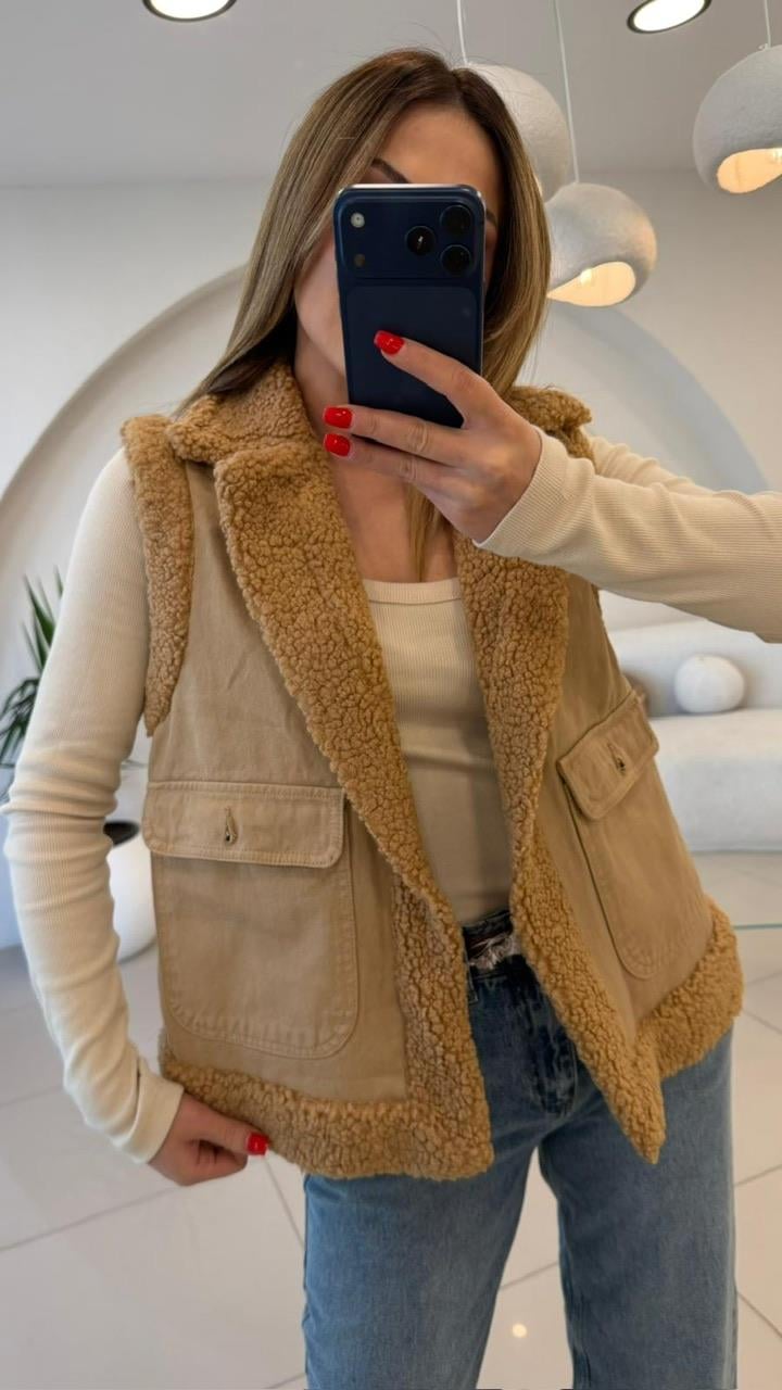 KÜRKLÜ DENİM YELEK CAMEL
