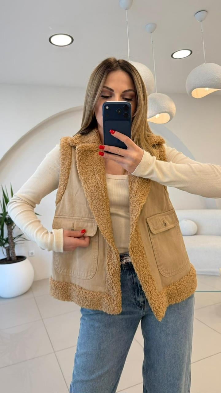 KÜRKLÜ DENİM YELEK CAMEL