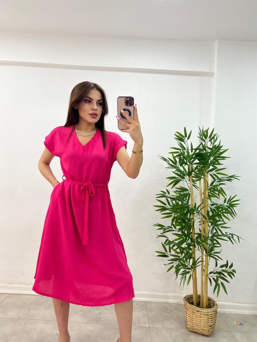 KUŞAKLI KETEN ELBİSE PEMBE