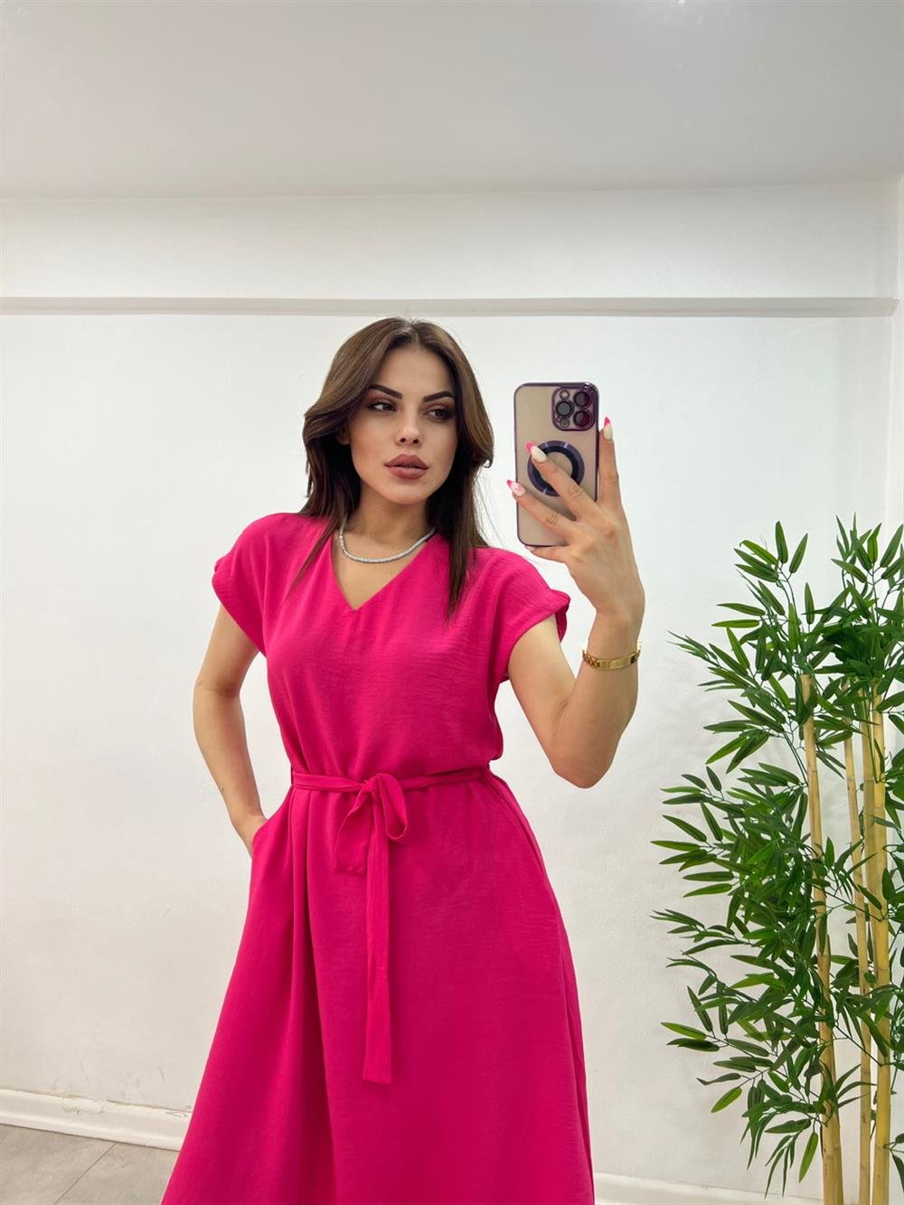 KUŞAKLI KETEN ELBİSE PEMBE