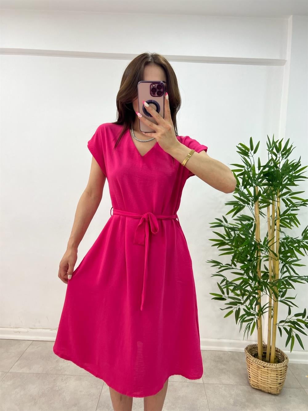 KUŞAKLI KETEN ELBİSE PEMBE
