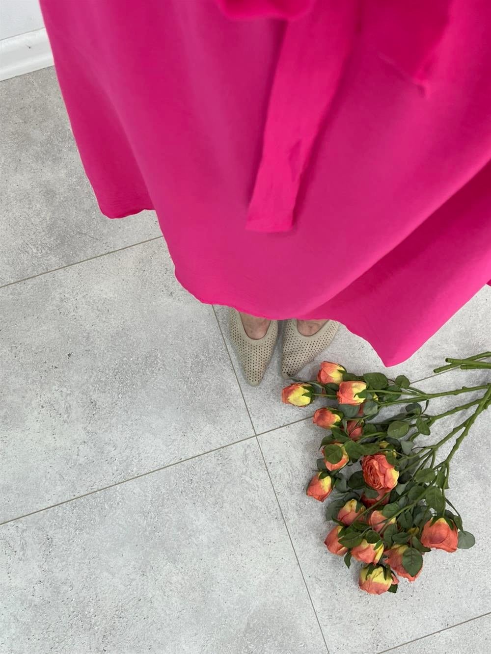 KUŞAKLI KETEN ELBİSE PEMBE