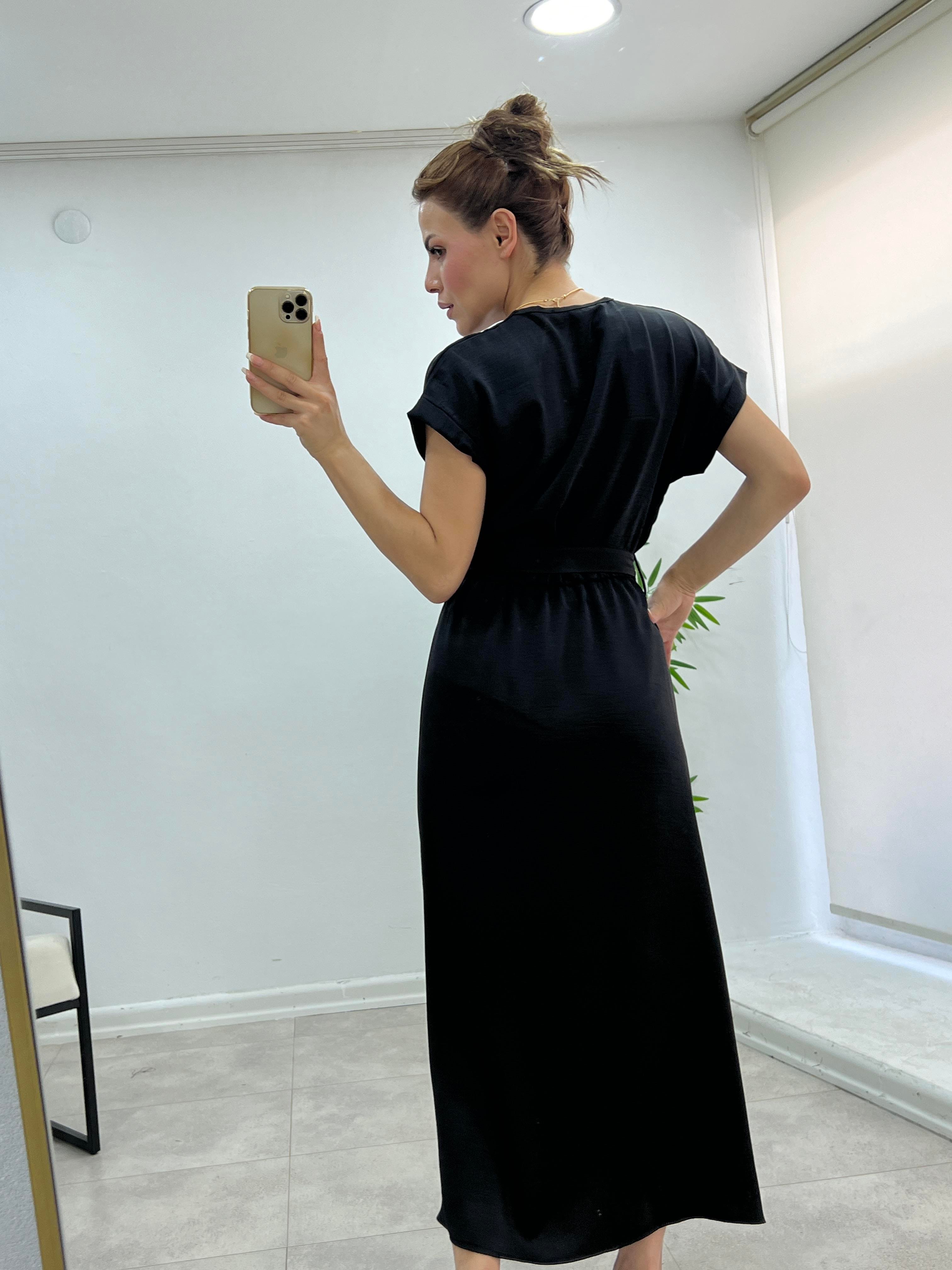 KUŞAKLI PREMIUM KALİTE MIDI BOY ELBİSE SİYAH