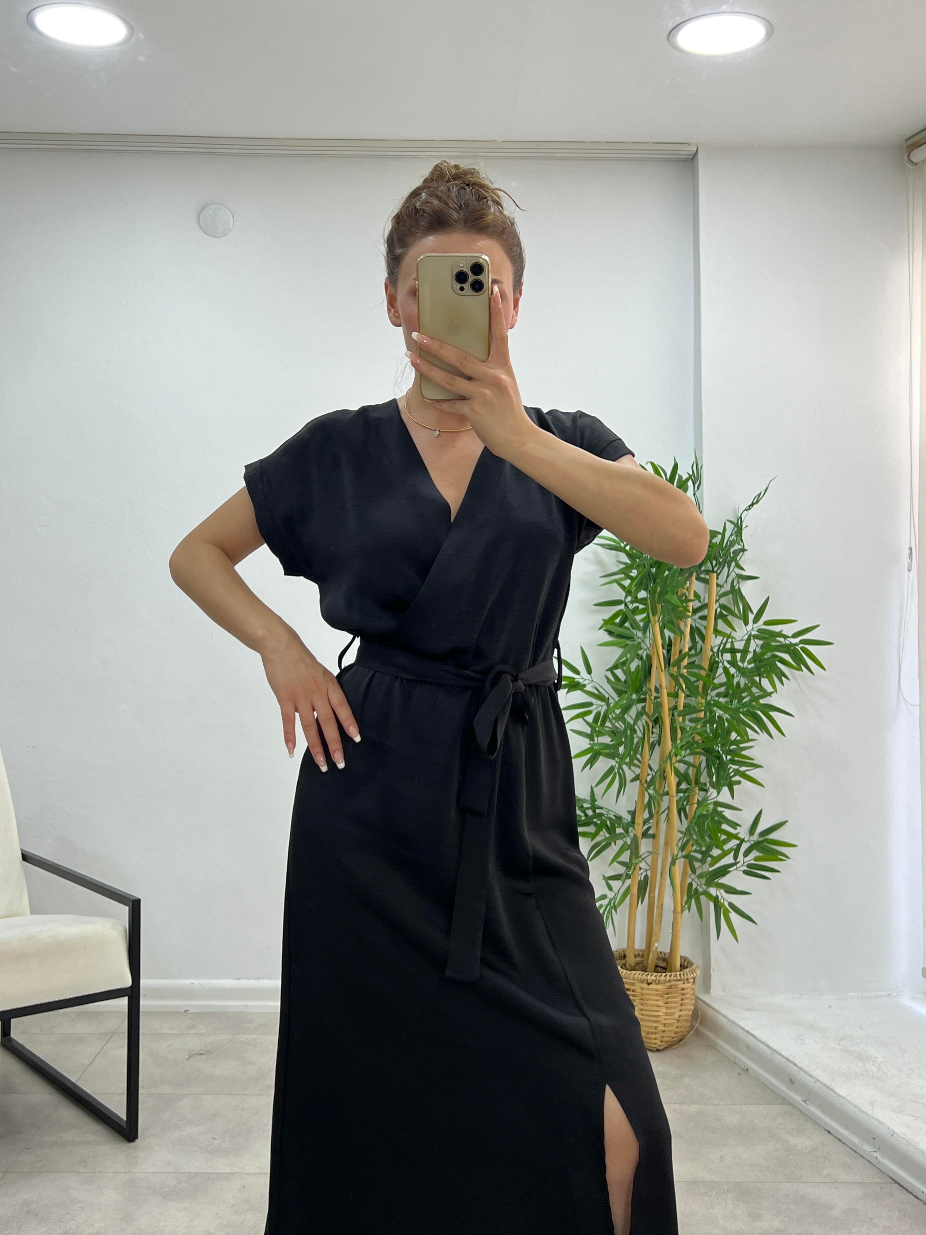 KUŞAKLI PREMIUM KALİTE MIDI BOY ELBİSE SİYAH