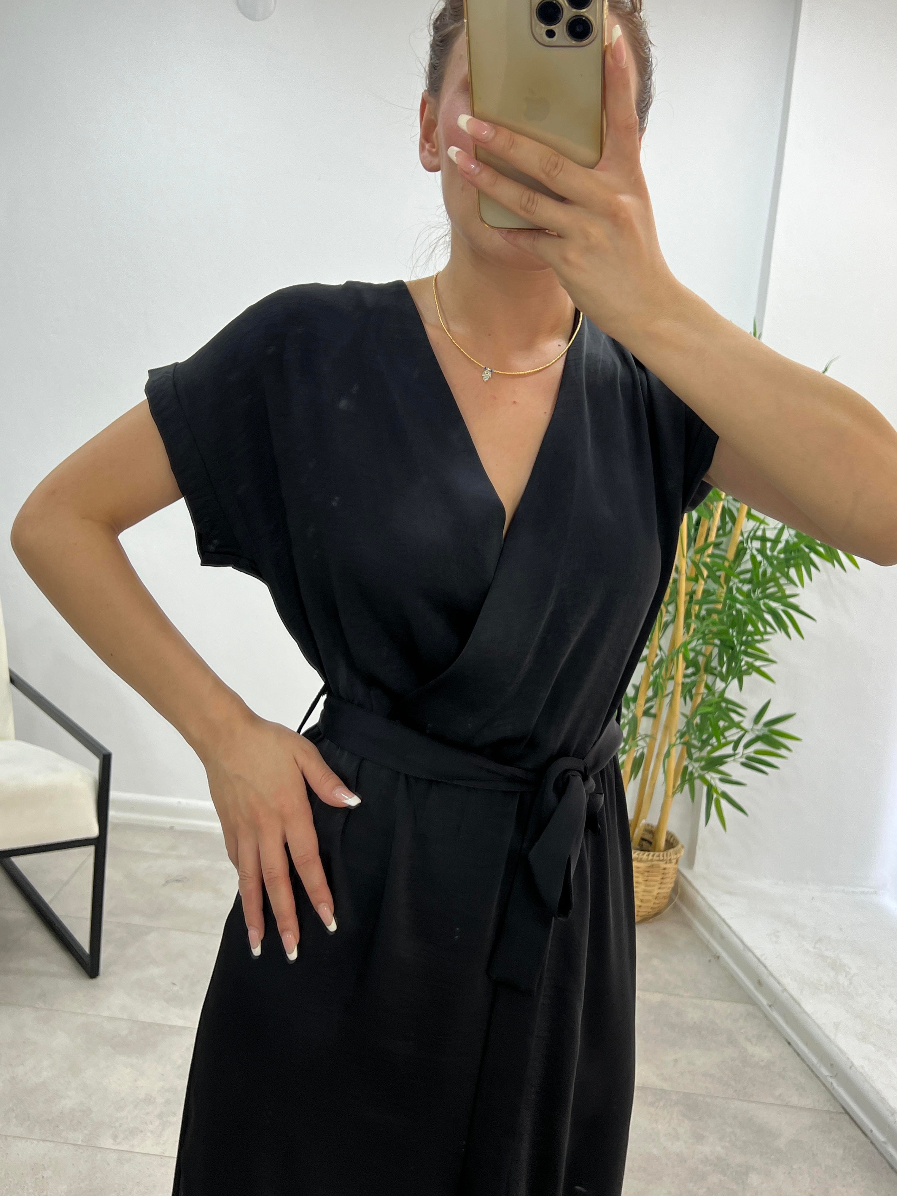 KUŞAKLI PREMIUM KALİTE MIDI BOY ELBİSE SİYAH