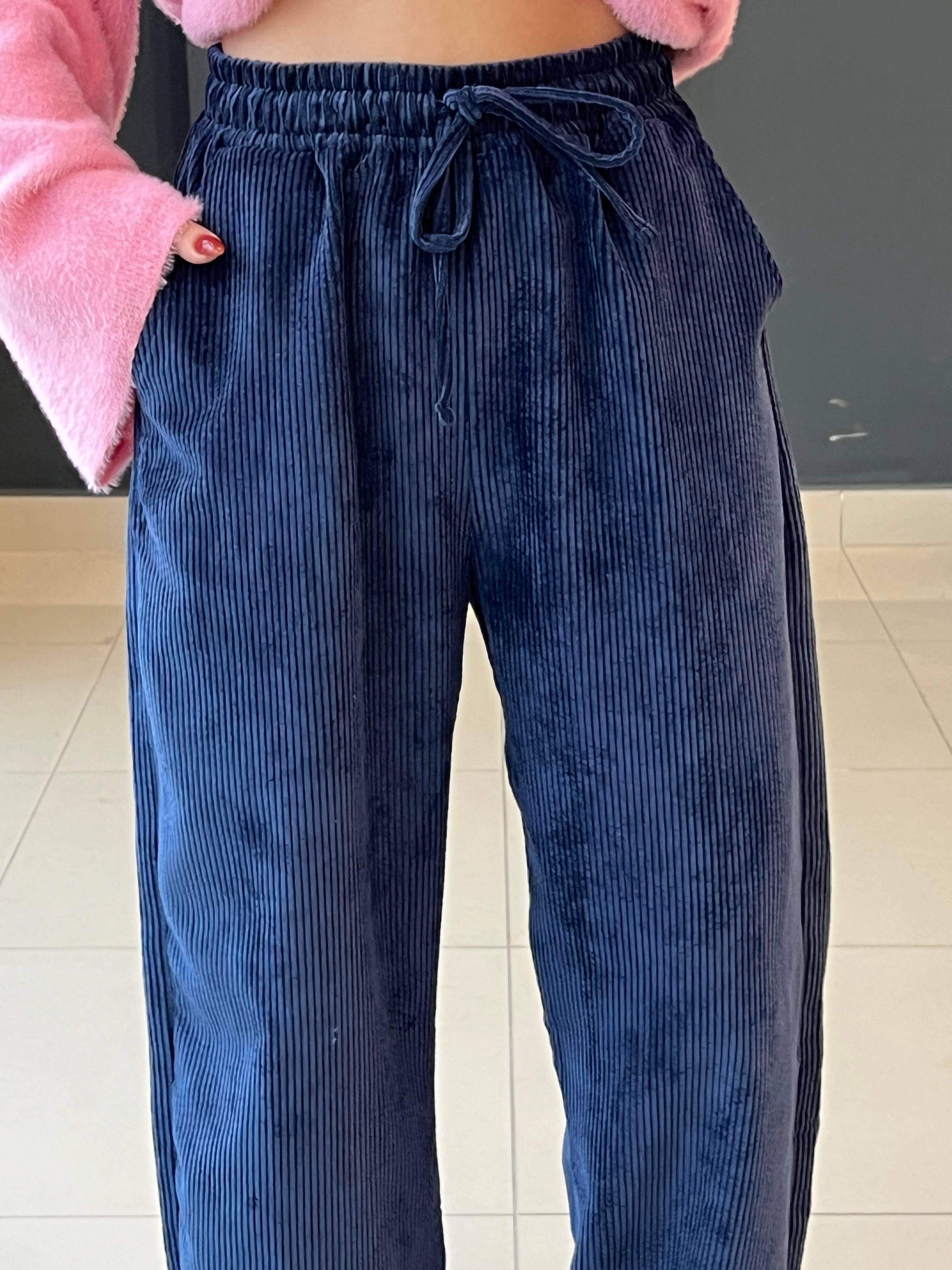 LACİVERT BELİ LASTİKLİ FİTİLLİ KADİFE PANTOLON 