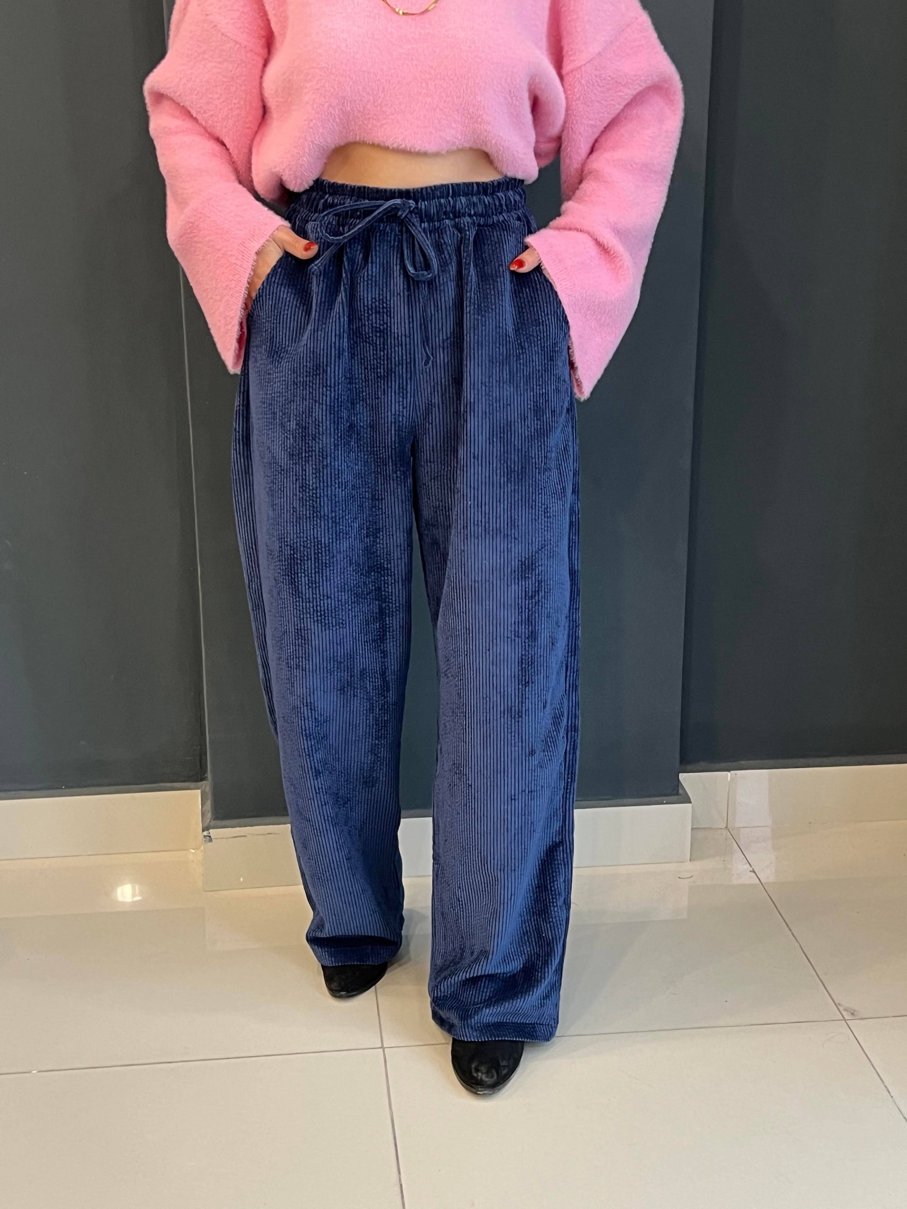 LACİVERT BELİ LASTİKLİ FİTİLLİ KADİFE PANTOLON 